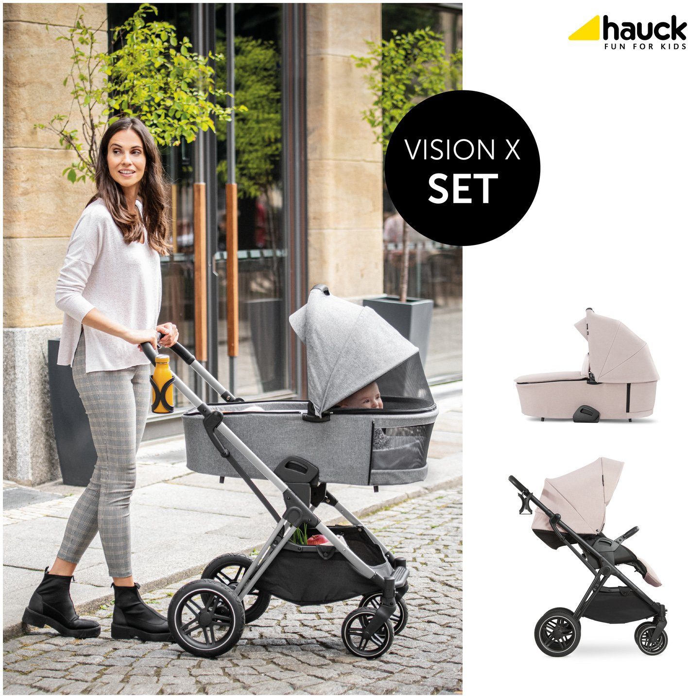 Hauck Kombi-Kinderwagen Vision X, black/beige, (3-tlg), mit Babywanne und Sportwagenaufsatz