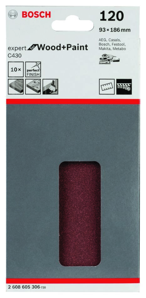 Bosch Blue Zubehör 2608605306 Schleifblatt C430 Expert für Holz und Lack 93 x 186 mm, Körnung 120, 10 Stück