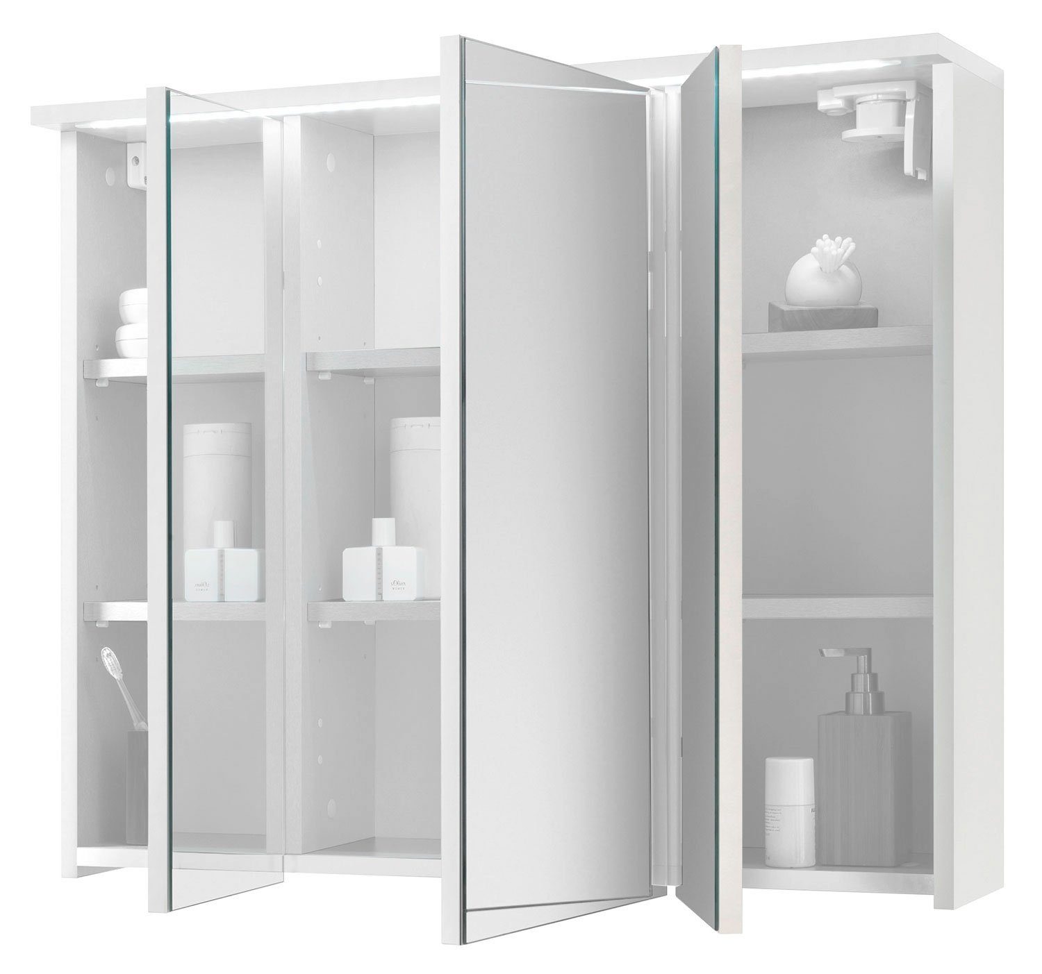 Badezimmerspiegelschrank TWO, B 100 cm, mit LED-Beleuchtung Weiß, 6 höhenverstellbare Einlegeböden, Spiegeltüren