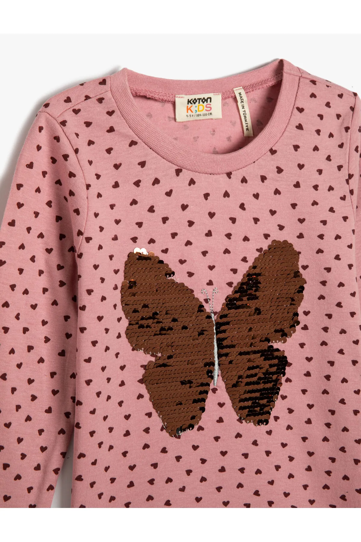 Koton  T-Shirt mit Schmetterlings- und Paillettenstickerei, langärmelig, Rundhalsausschnitt aus Baumwolle
