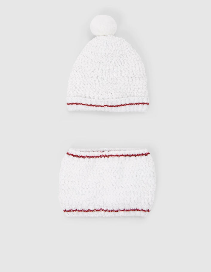 Bonnet et snood écru tricot brodé coeur-pomme bébé fille