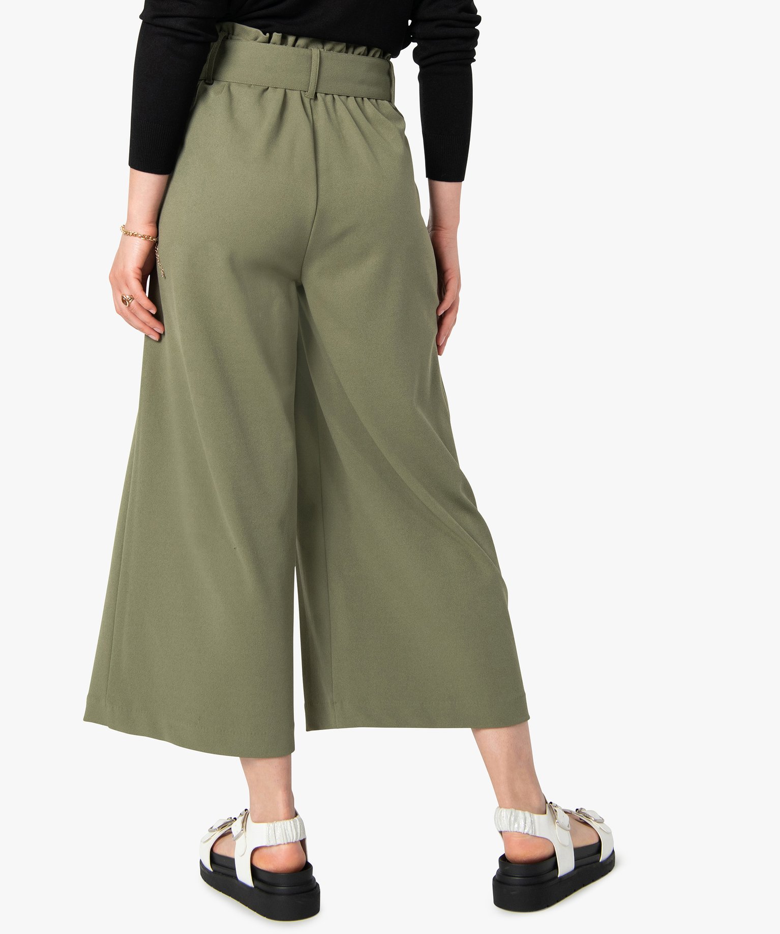 Pantacourt femme taille haute avec ceinture à boucle kaki | GEMO