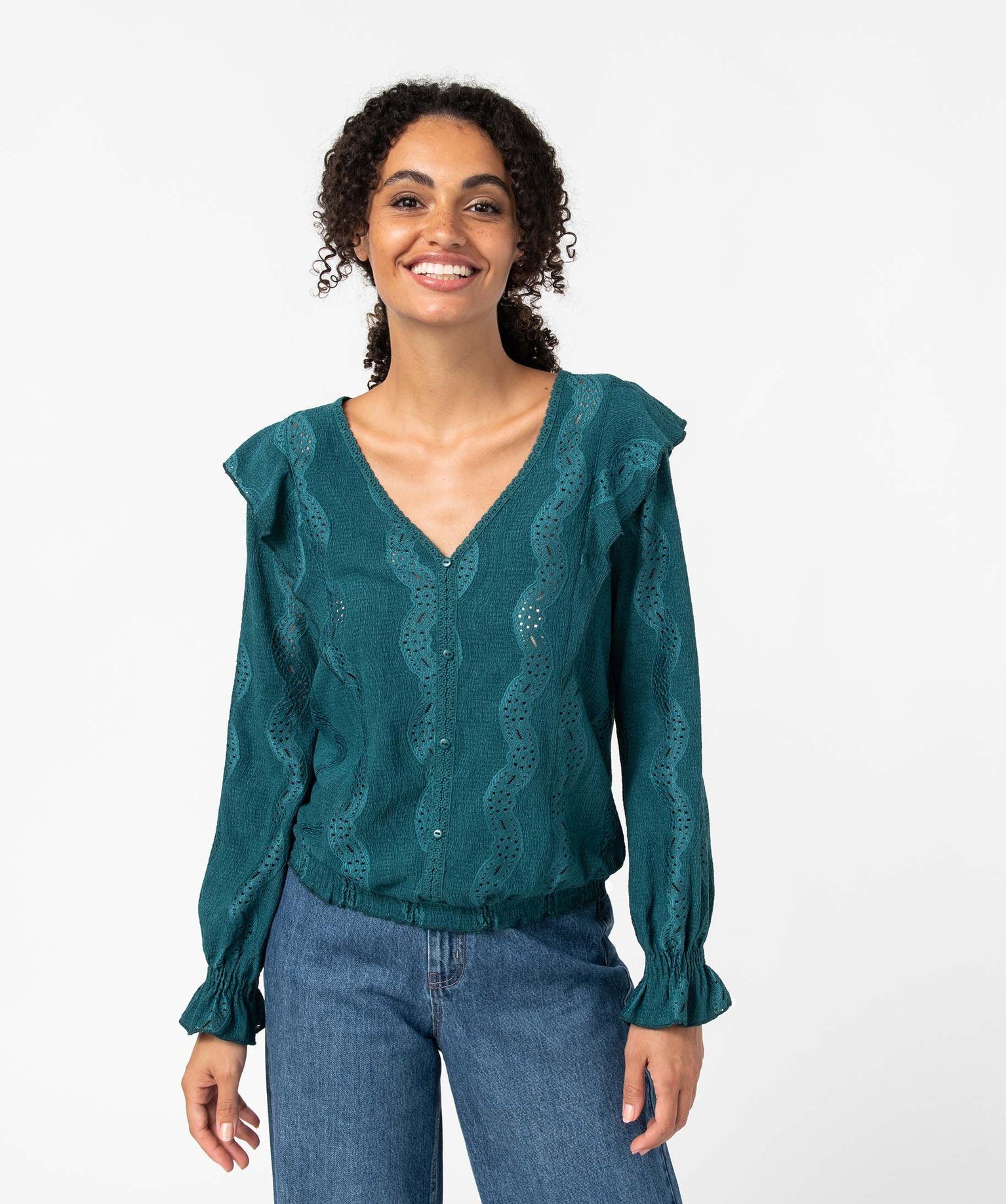 Tee-shirt femme à manches longues avec fronces et volants vert | GEMO