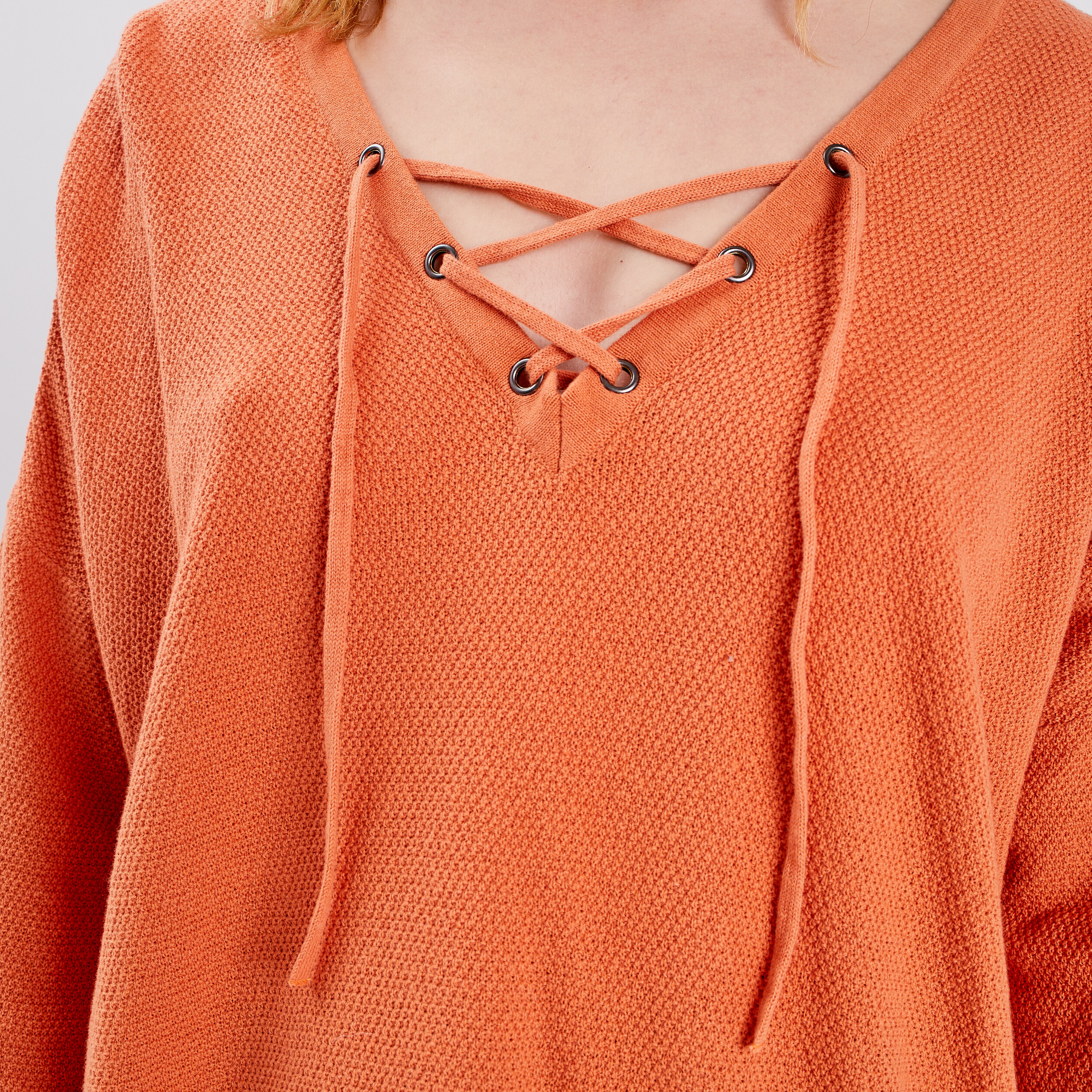 Pull manches 3 4 col lacet Liberto orange corail femme | La Halle