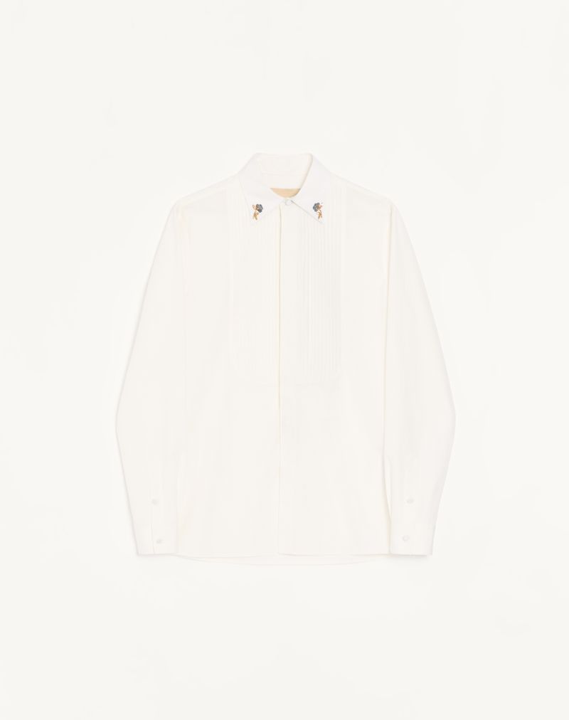 Valentino bomuldspoplinskjorte med plisseret plastron og broderi på kraven