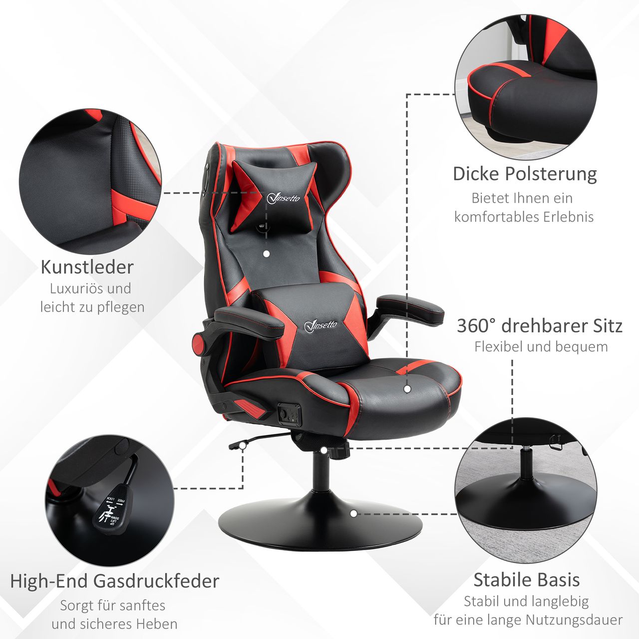 HOMCOM Vinsetto Gamingsessel mit Wippfunktion Gamingstuhl mit Lautsprecher Bürostuhl PU