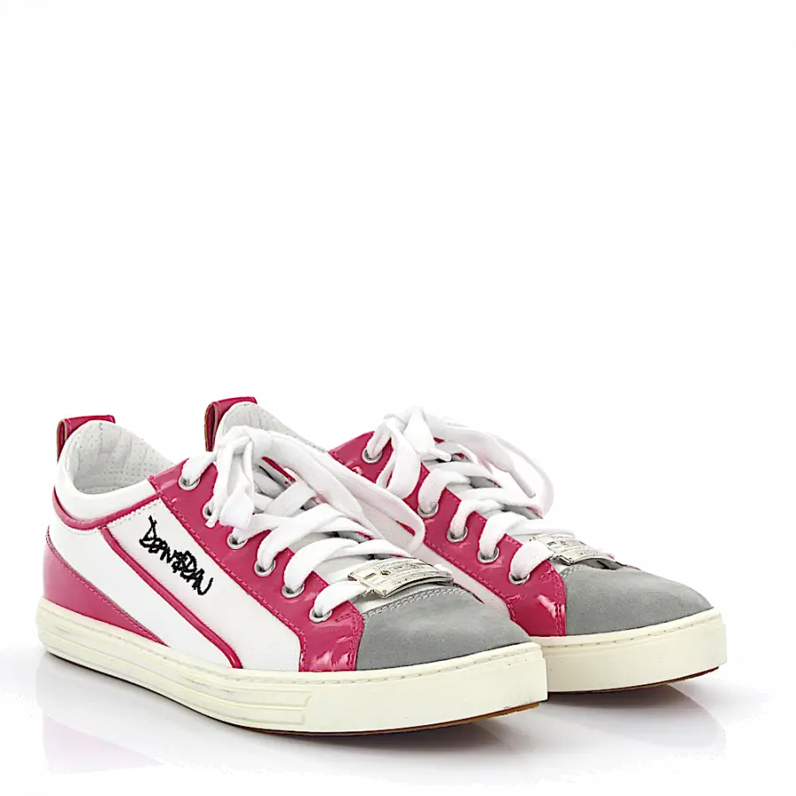 Dsquared2 - Schnürer Baumwollmischung Kalbsleder Lackleder Veloursleder Logo Metallverzierung grau pink weiß - pink