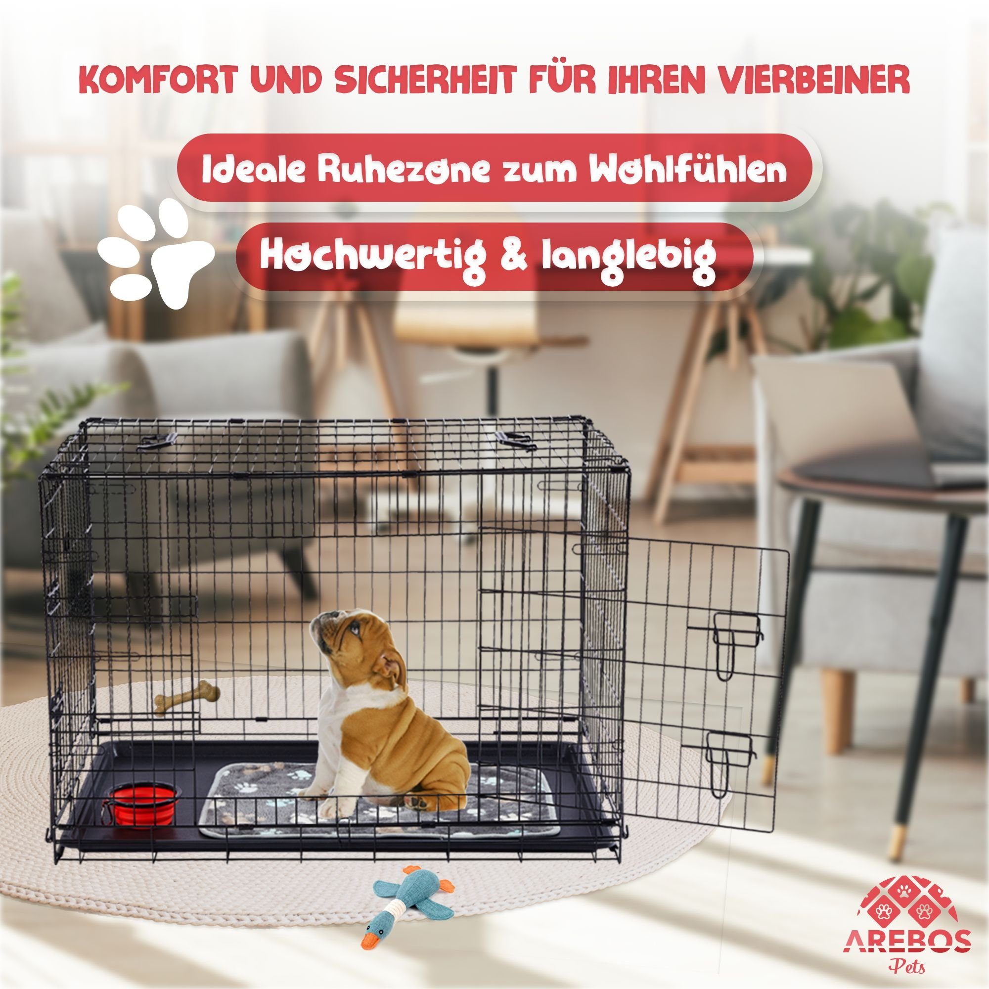 Arebos Hunde-Transportbox Hundekäfig Haustierkäfig Gitterbox klappbar S-M-L-XL bis 11,00 kg, Kuscheldecke