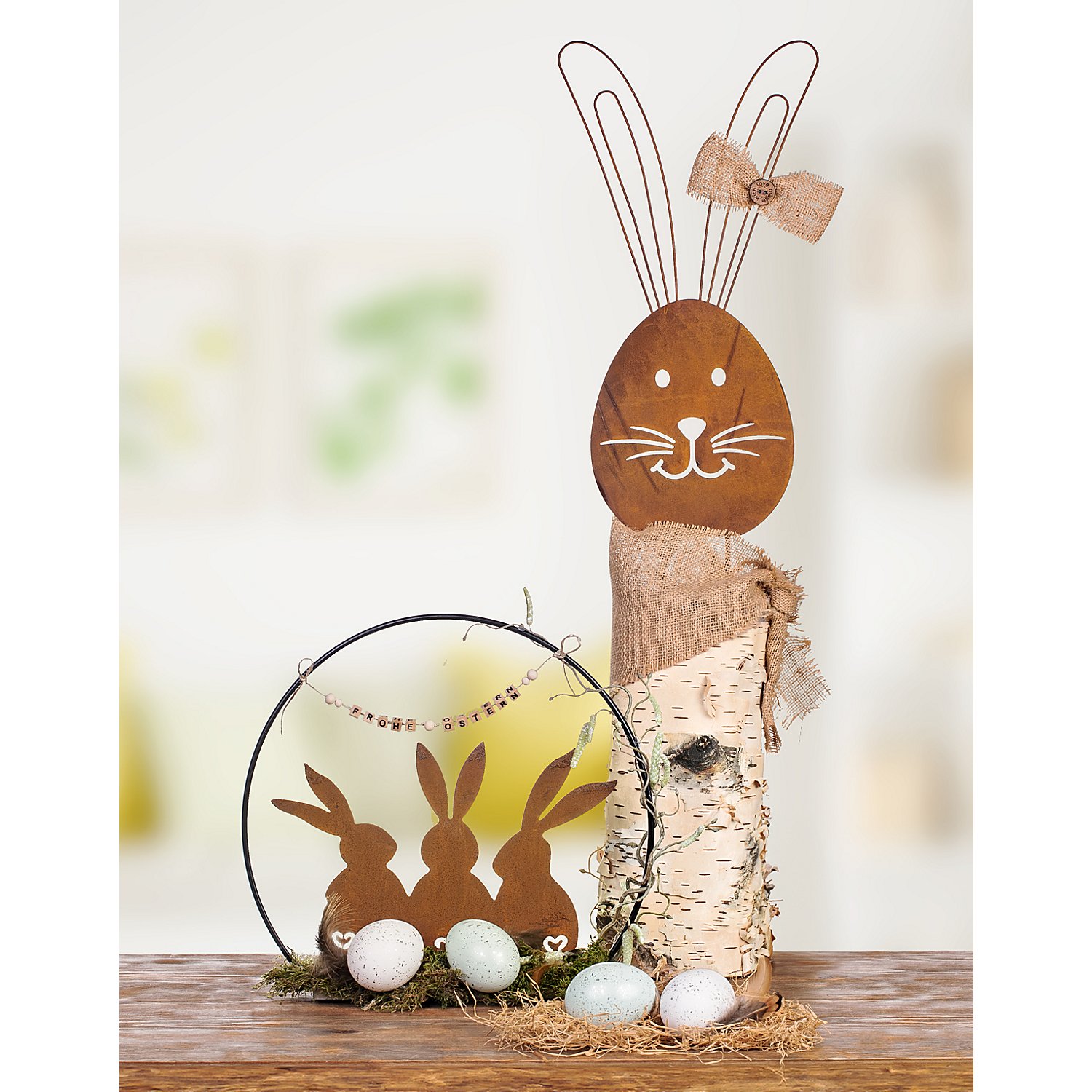 Rost-Hasenfamilie aus Metall, zum Stellen, 15 cm