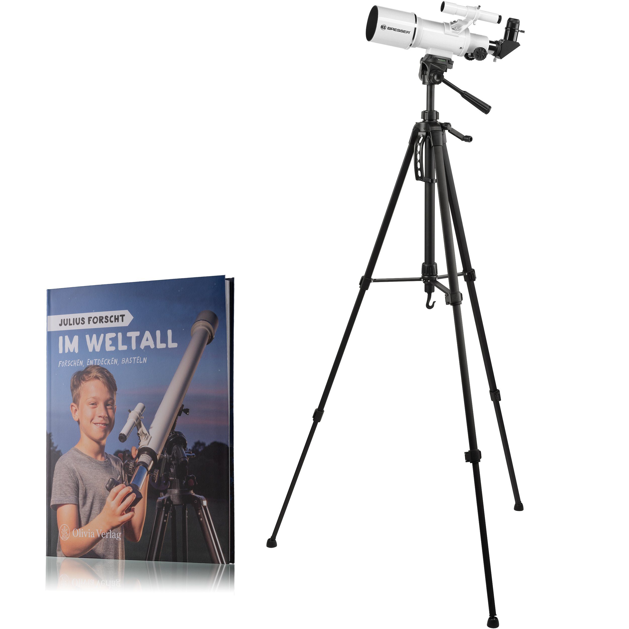 BRESSER Teleskop Classic 70/350 Linsen mit Buch ''Julius forscht im Weltall''
