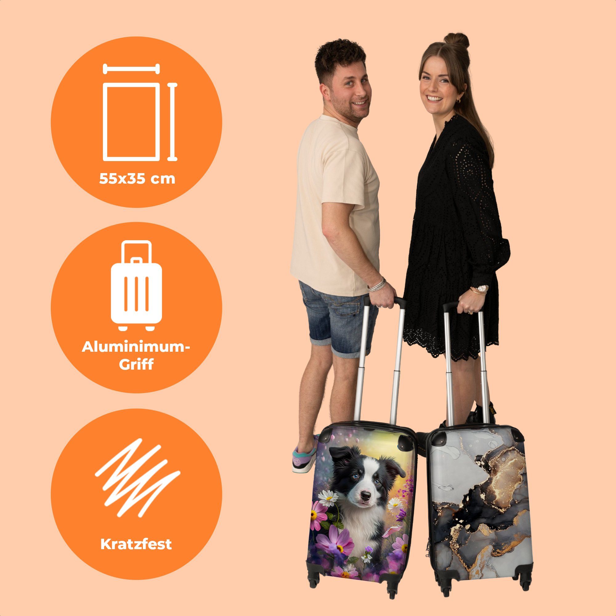 NoBoringSuitcases.com© Handgepäckkoffer 55x35x20cm Hund - Blumen - Natur - Welpe - Border Collie, 4 Rollen, Handgepäck Trolley Rollkoffer Kleine Reisekoffer mit 4 Rollen - Cabin