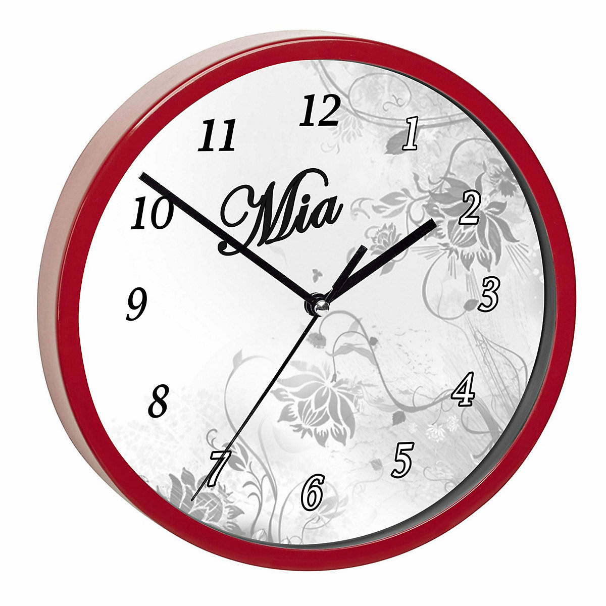 Kinder Wanduhr personalisiert mit Name Blumenranke Grau