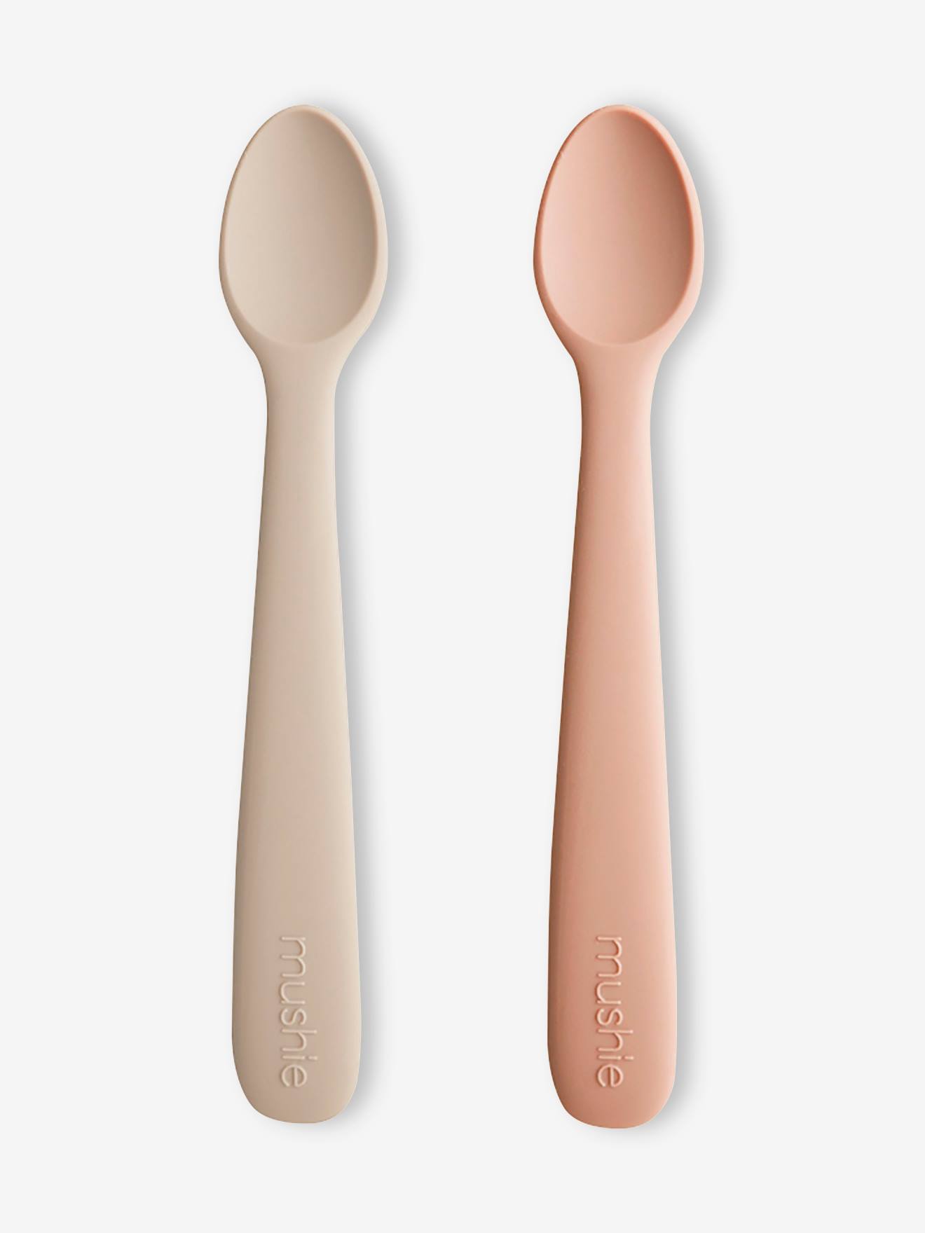 Lot de 2 cuillères 1er âge MUSHIE en silicone gris + mauve