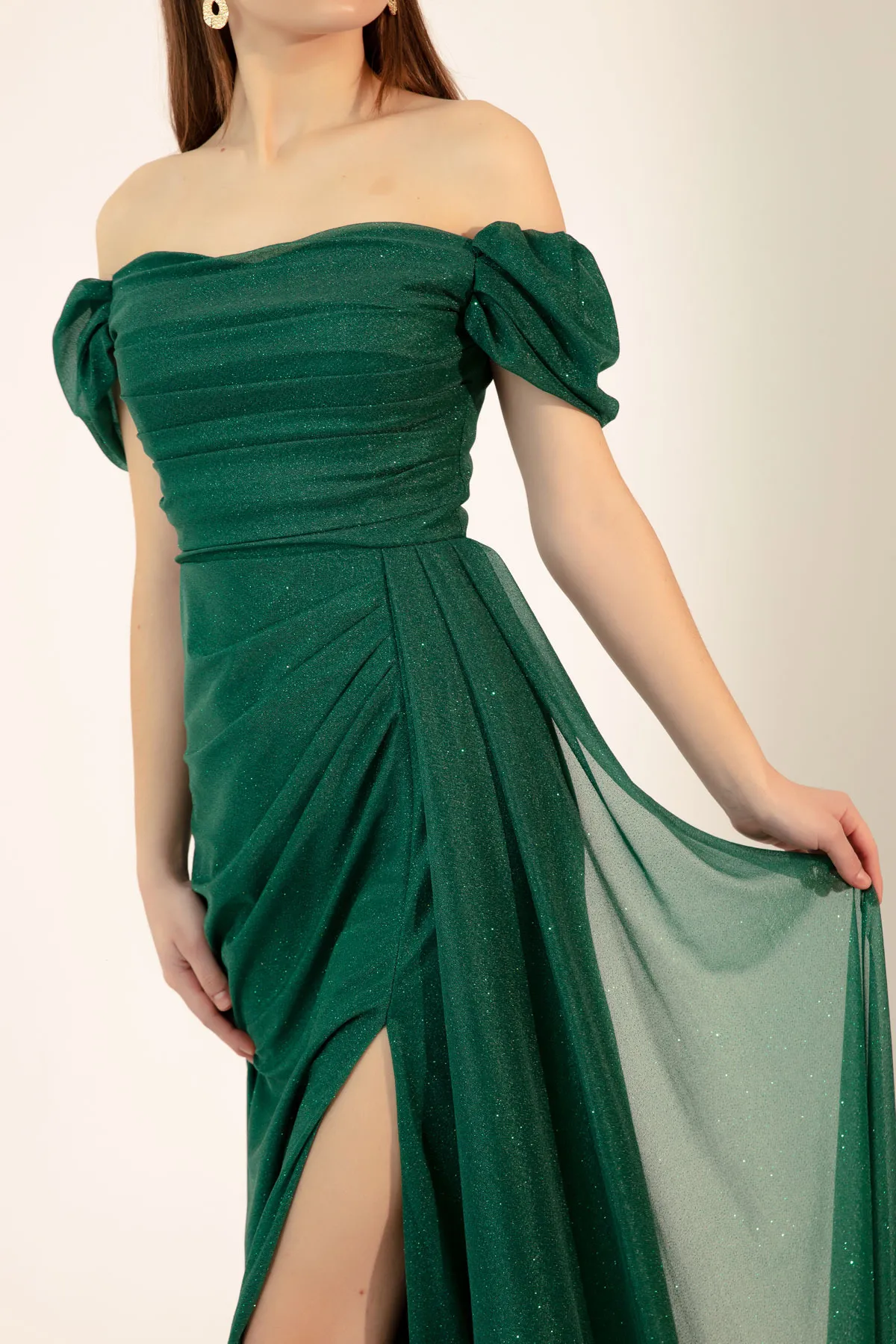 Lafaba  Smaragdgrünes, langes, silbernes Abendkleid mit U-Boot-Ausschnitt und Schlitz für Damen