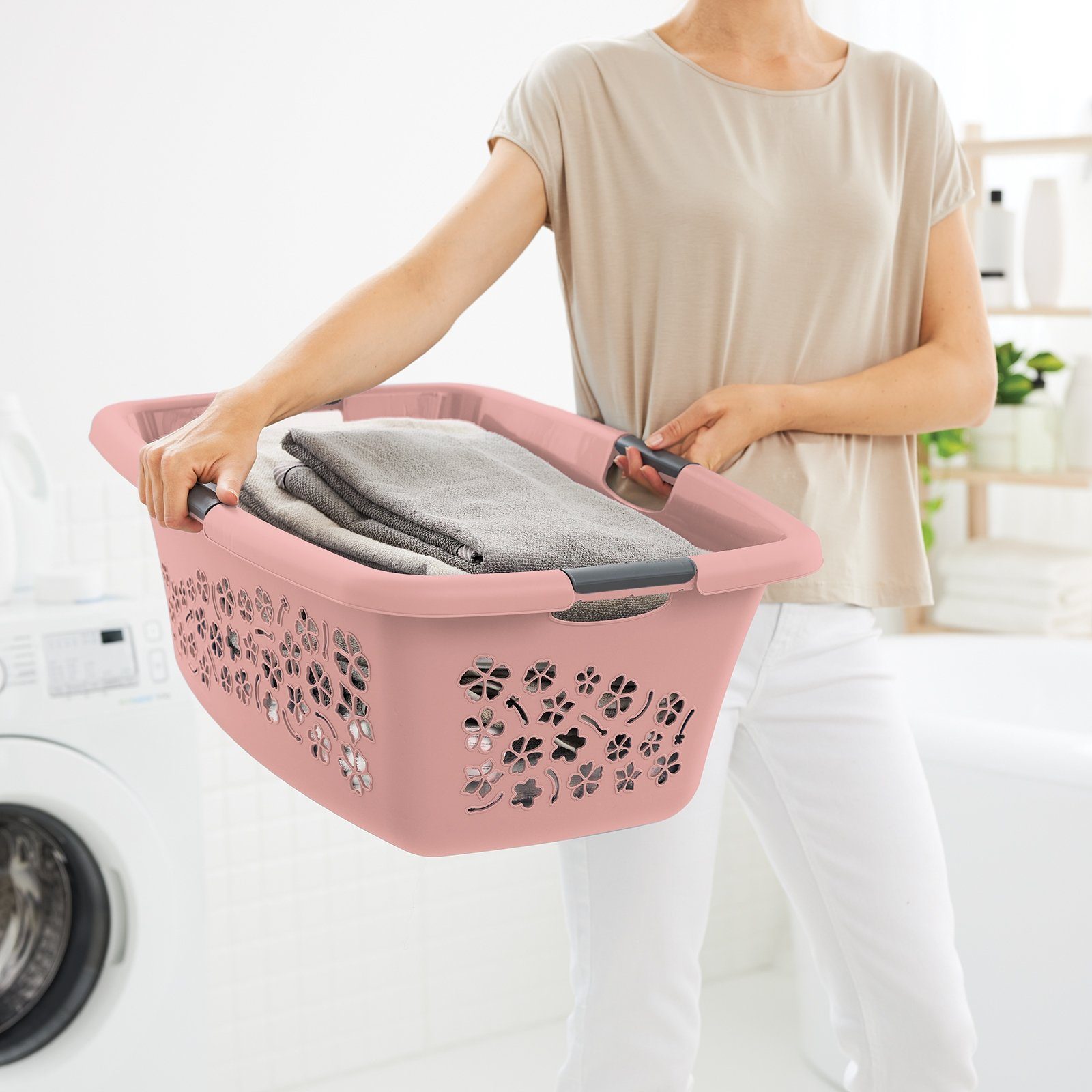 ROTHO Wäschekorb Flowers Wäschekorb 50l mit 4 Griffen, Kunststoff (PP) BPA-frei
