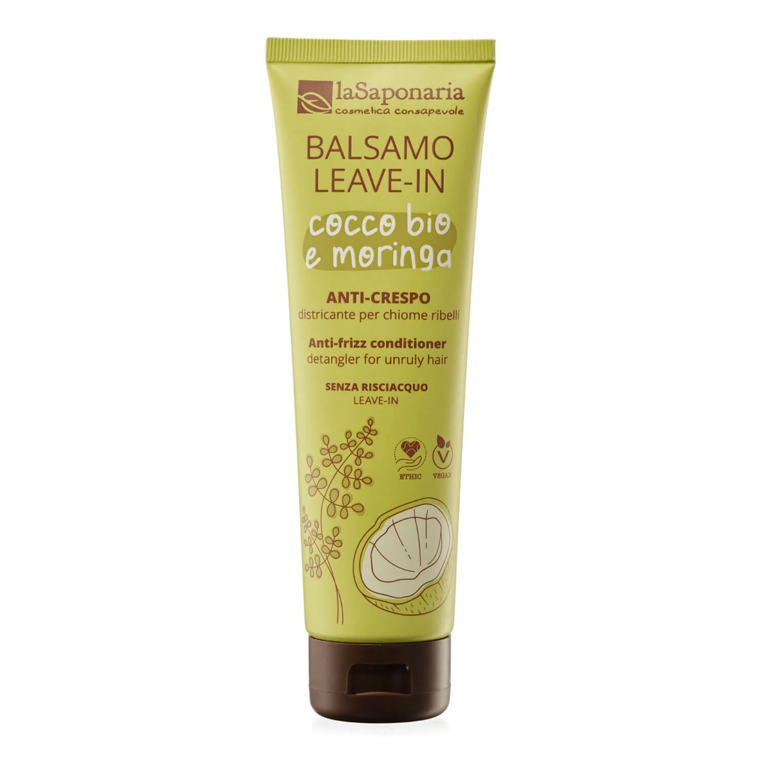 Hår- og hodebunns anti-frizz leave-in balsam - økologisk kokosnøtt og moringa - leave-in balsam for hår