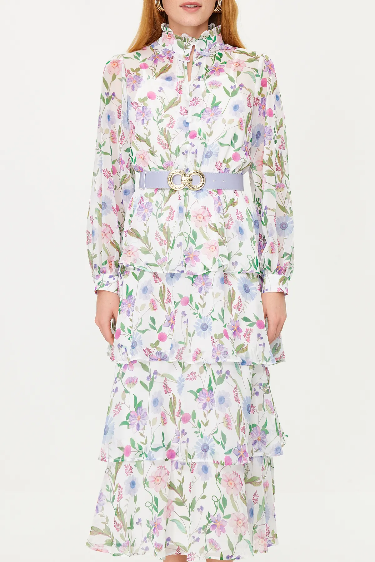 Trendyol Modest  Blaues, mit Gürtel gefüttertes, gewebtes Kleid aus Chiffon mit Blumenmuster TCTSS24EB00024