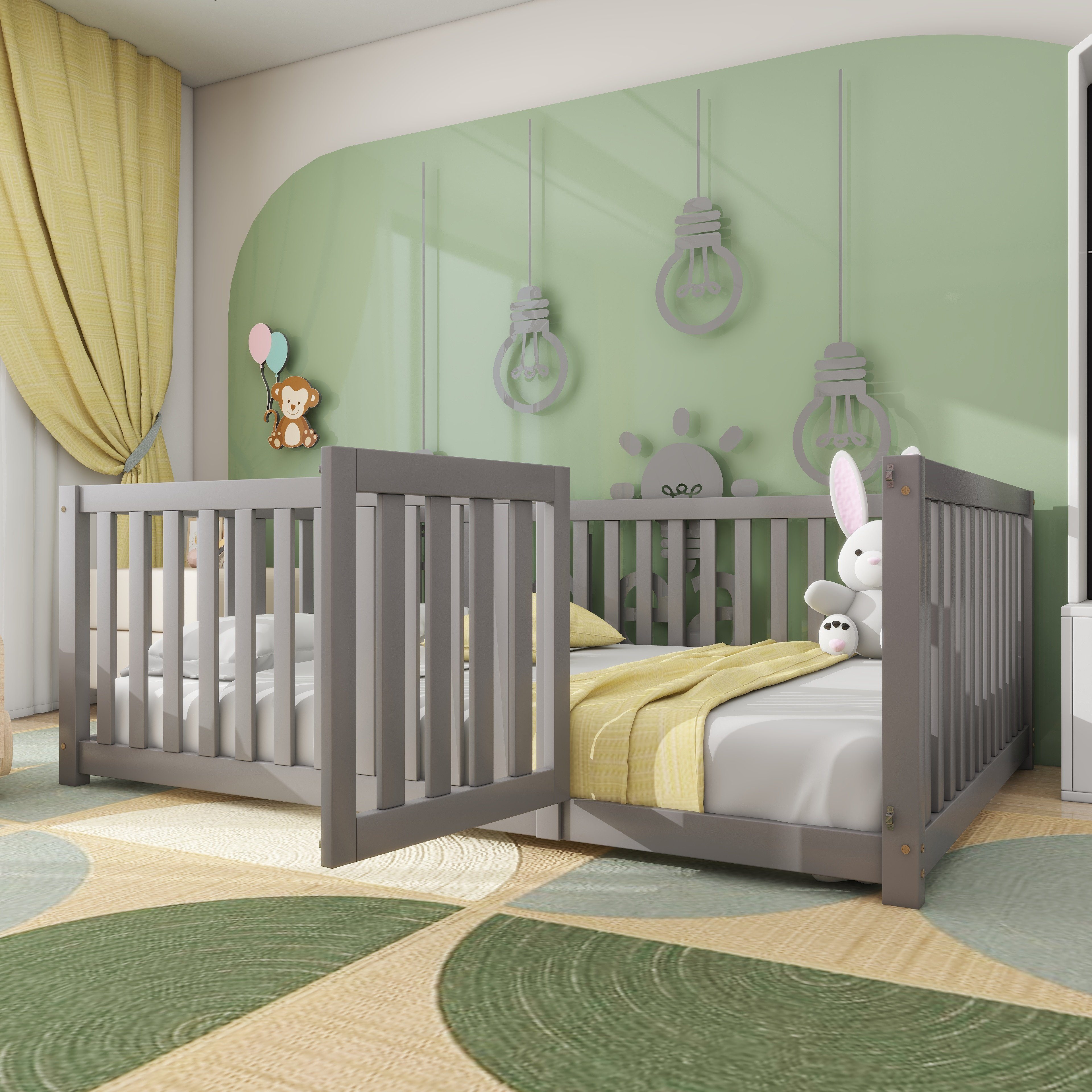 WISHDOR Kinderbett Jugendbett Massivholzbett Einzelbett (140X200cm ohne Matratze), mit Zaun und Tür, Robuster, langlebiger und sicherer Bettrahmen