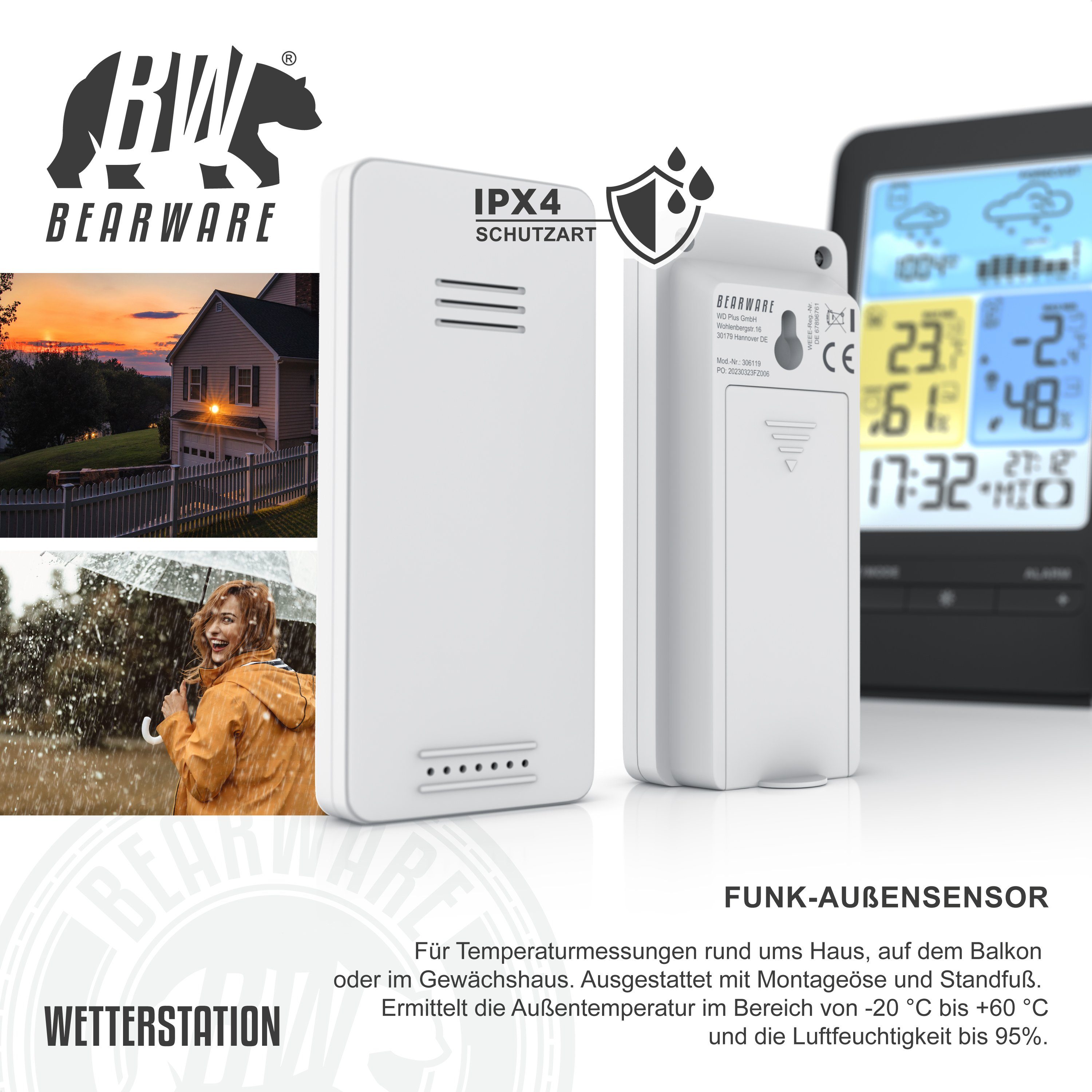 BEARWARE Wetterstation (mit Außensensor, Funk, Prognose, Temperaturtrend, Luftdruck, Temperaturwarnung usw)