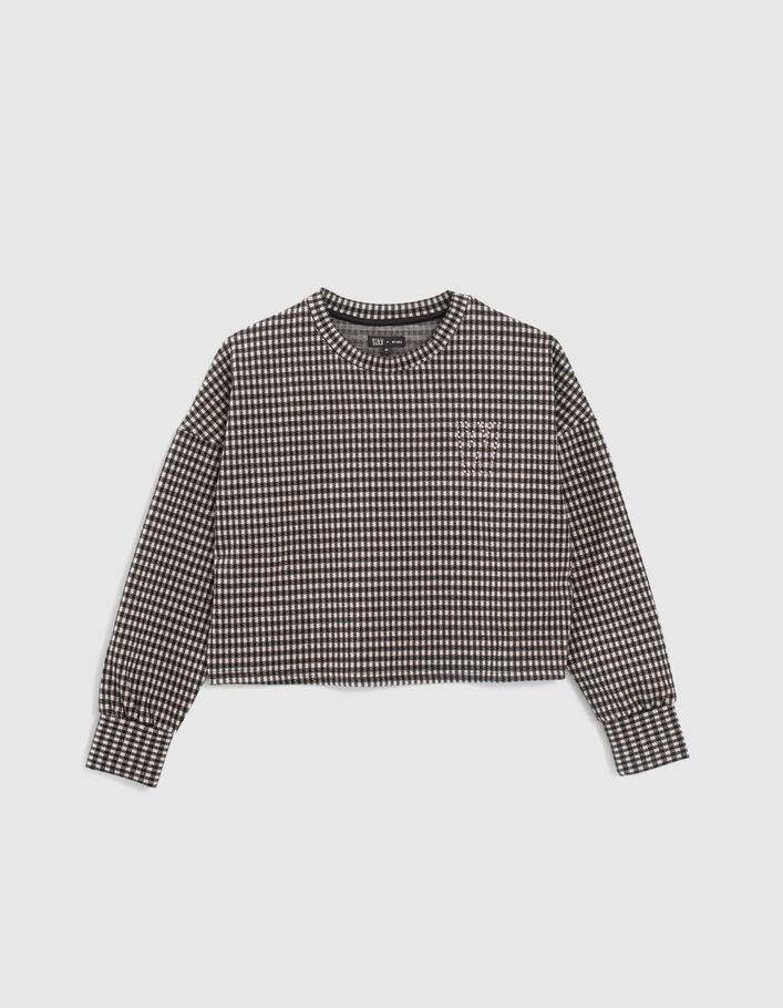 Sweat noir motif pied-de-poule beige fille
