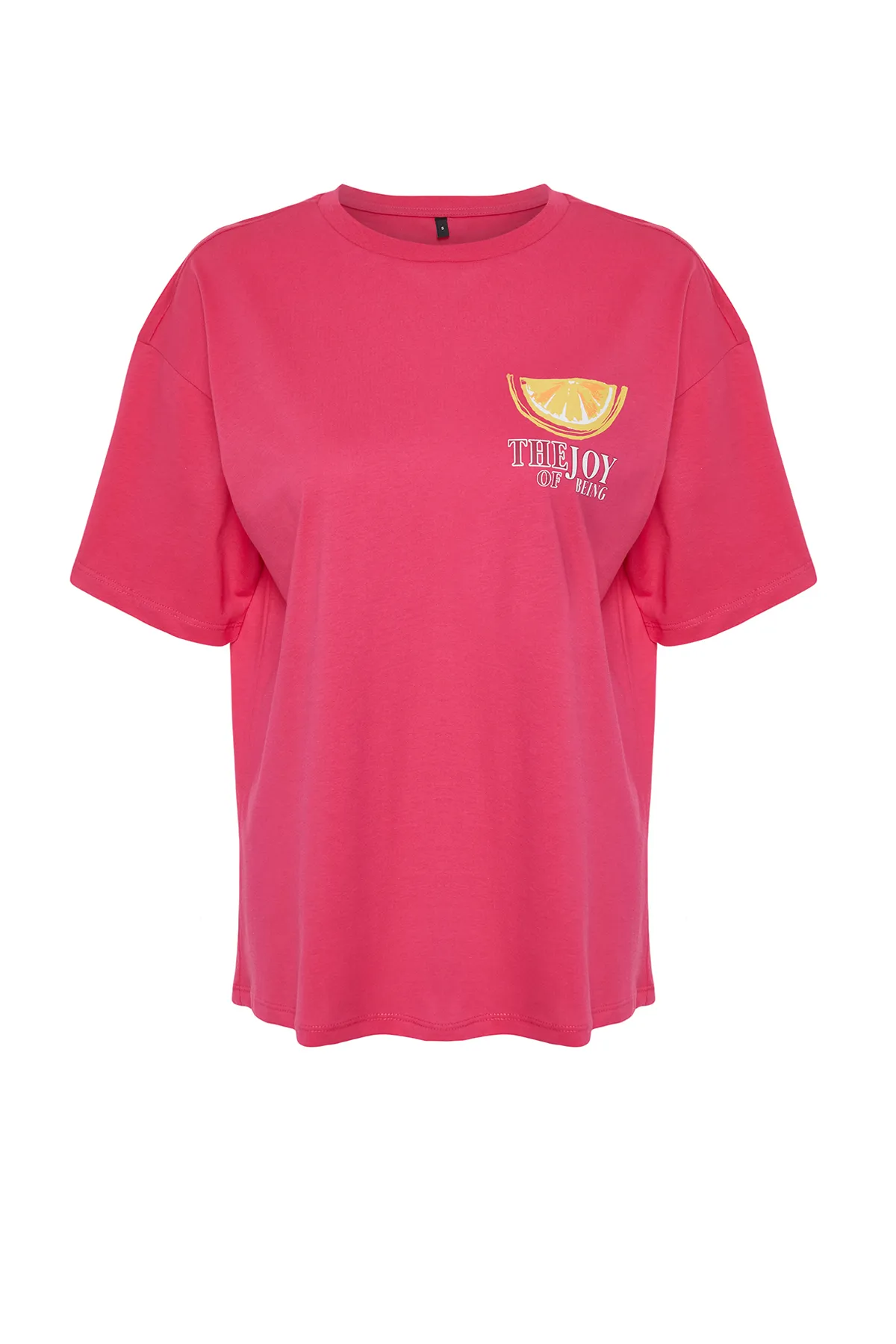 Trendyol Collection  Fuchsia-Pink, 100 % Baumwolle, bedrucktes Oversize-Strick-T-Shirt mit bequemer Passform auf der Rückseite und Vorderseite TWOSS24TS00233