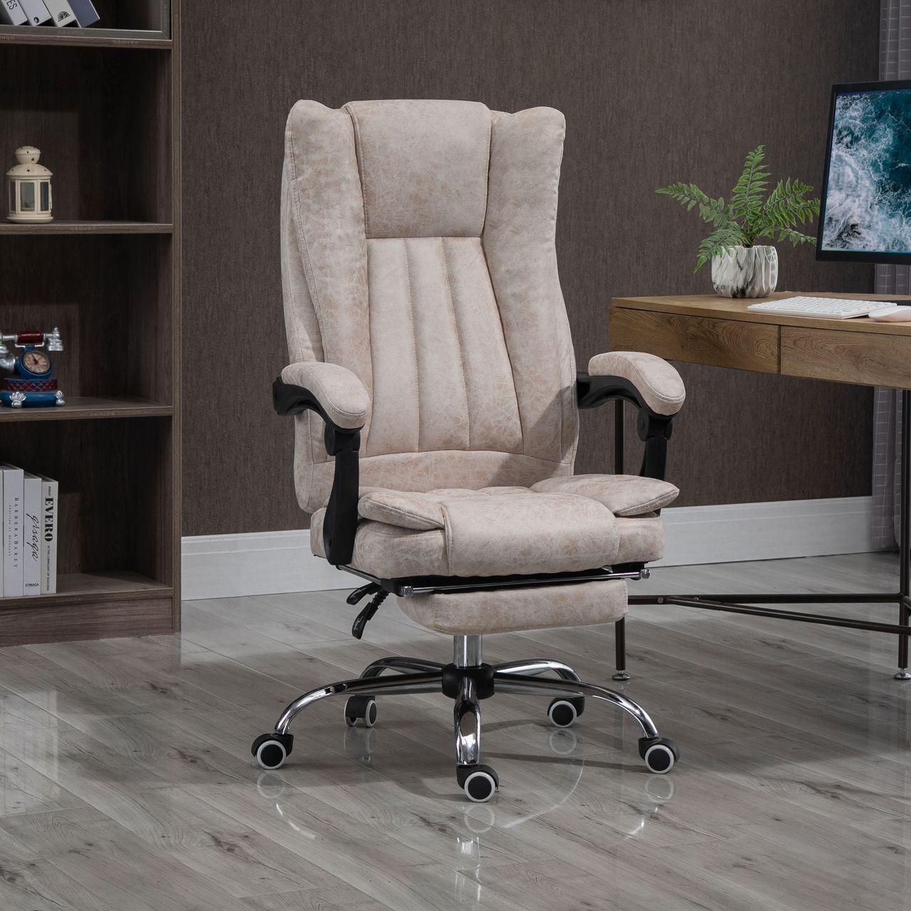 Vinsetto Bürostuhl Drehstuhl mit Liegefunktion Fußstütze Bürosesse Beige Schwarz Silber 63 x 71 x 110-118 cm