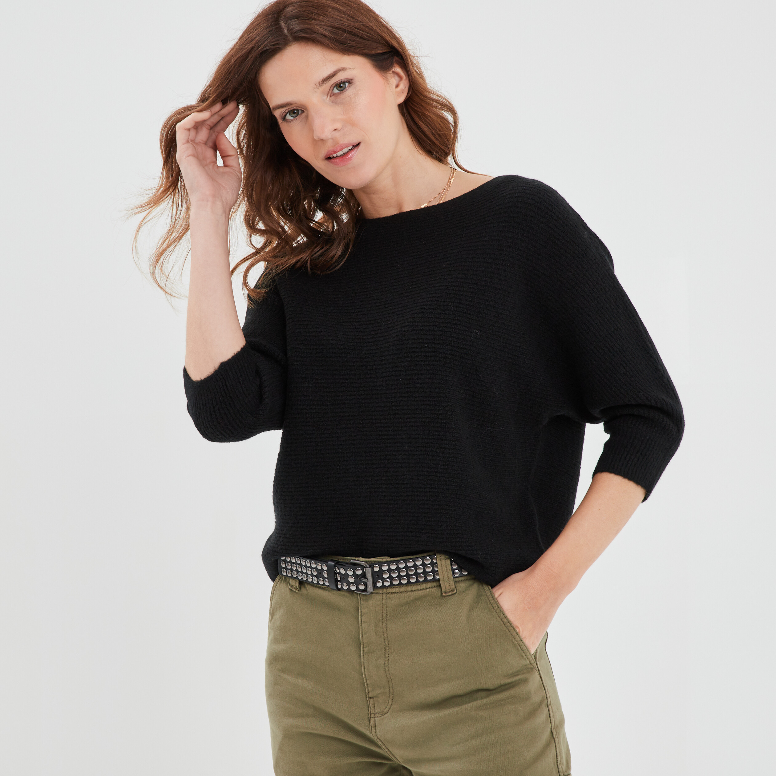Pull manches 3 4 chauve-souris noir femme | La Halle