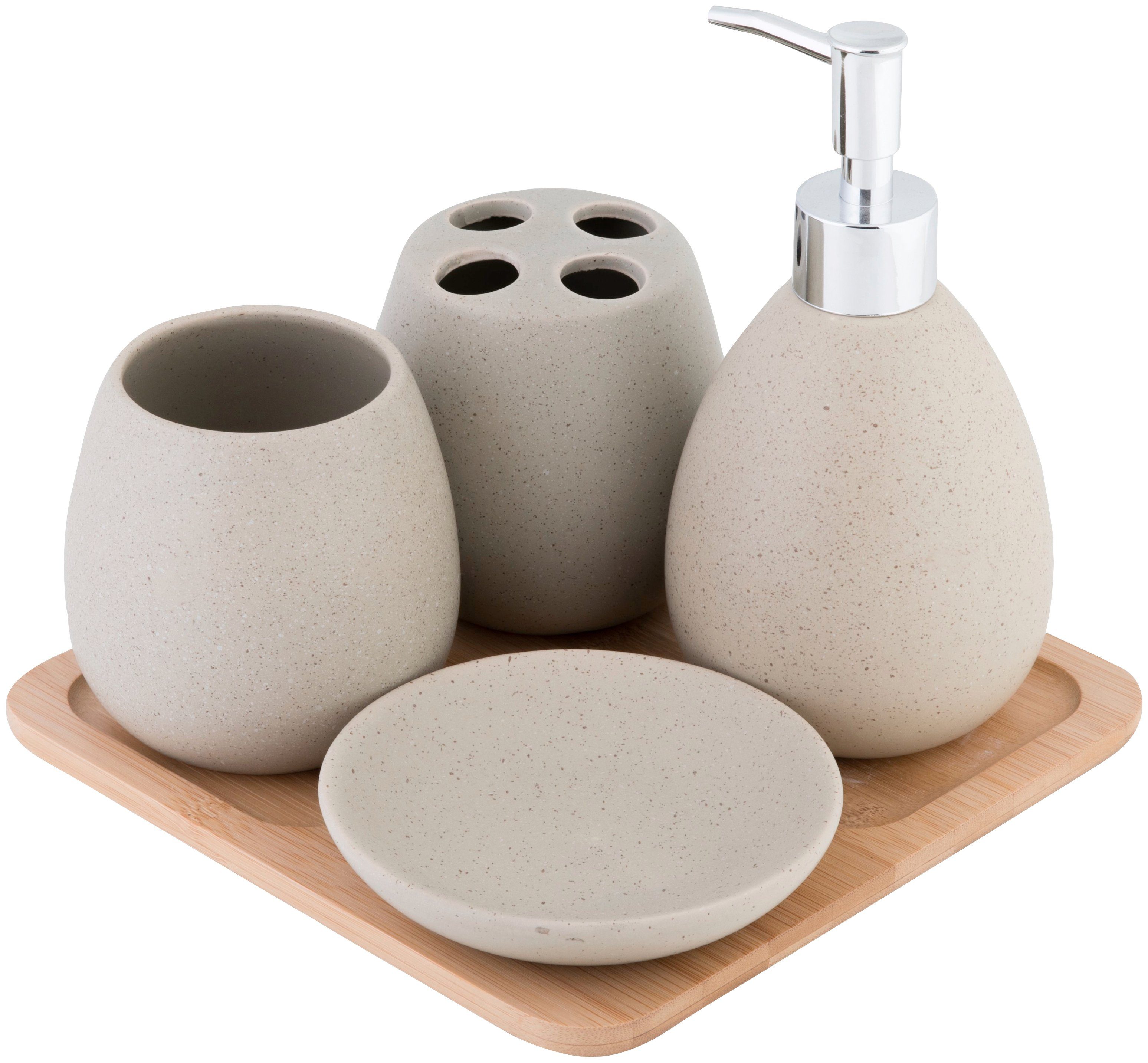 axentia Badaccessoire-Set Avignon, 4 tlg., Zahnputzbecher, Zahnbürstenhalter, Seifenschale und Seifenspender