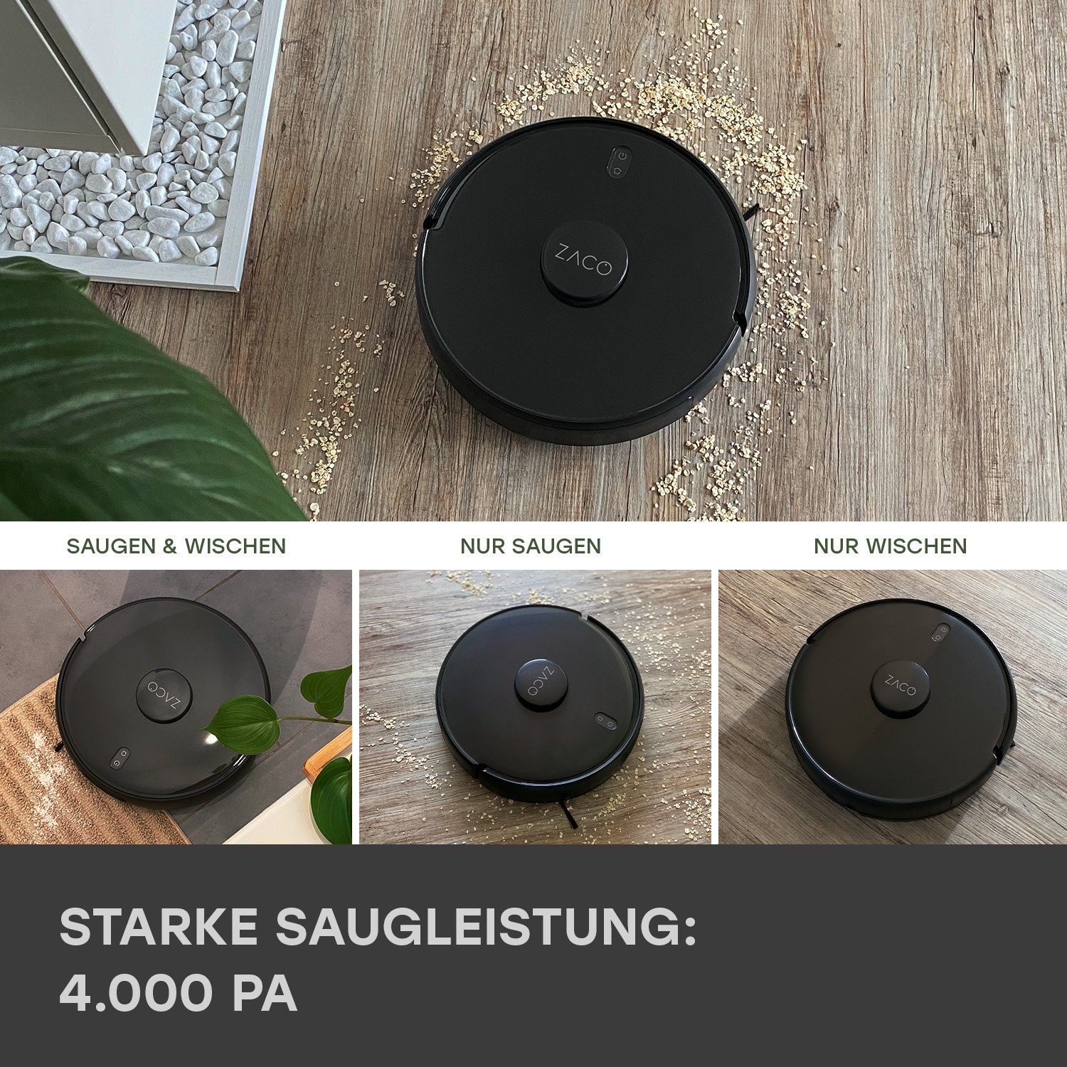 ZACO Nass-Trocken-Saugroboter A11s Pro, 50 W, beutellos, KI-Objekterkennung, Lasernavigation, Tierhaare, 4000Pa, leise