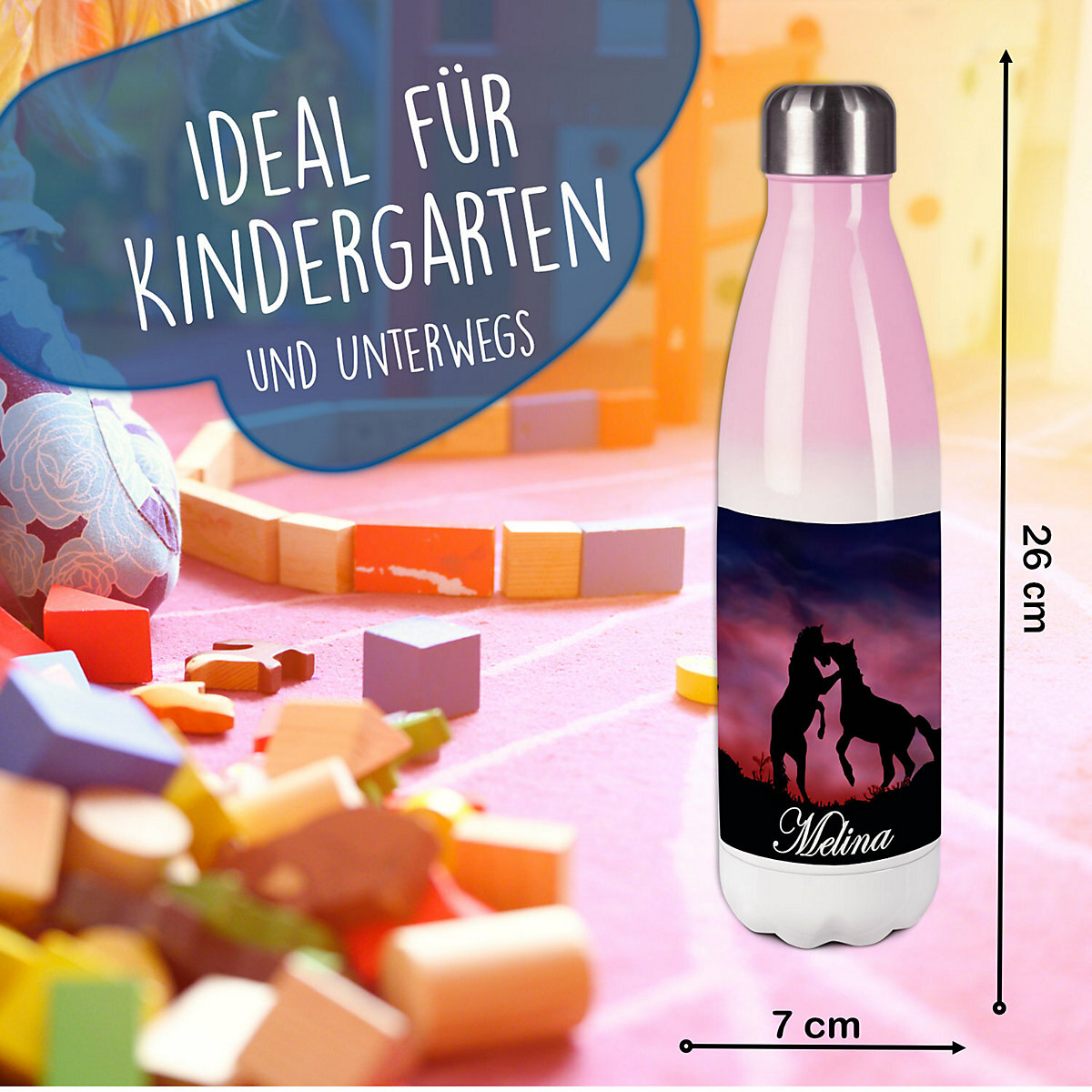 Edelstahl Kinder Thermoflasche / Trinkflasche bunt Pferde Spülmaschinenfest, Auslaufsicher, Bruchfest, Doppelwandig, Für Heißgetränke geeignet, Mit Deckel, Isoliert