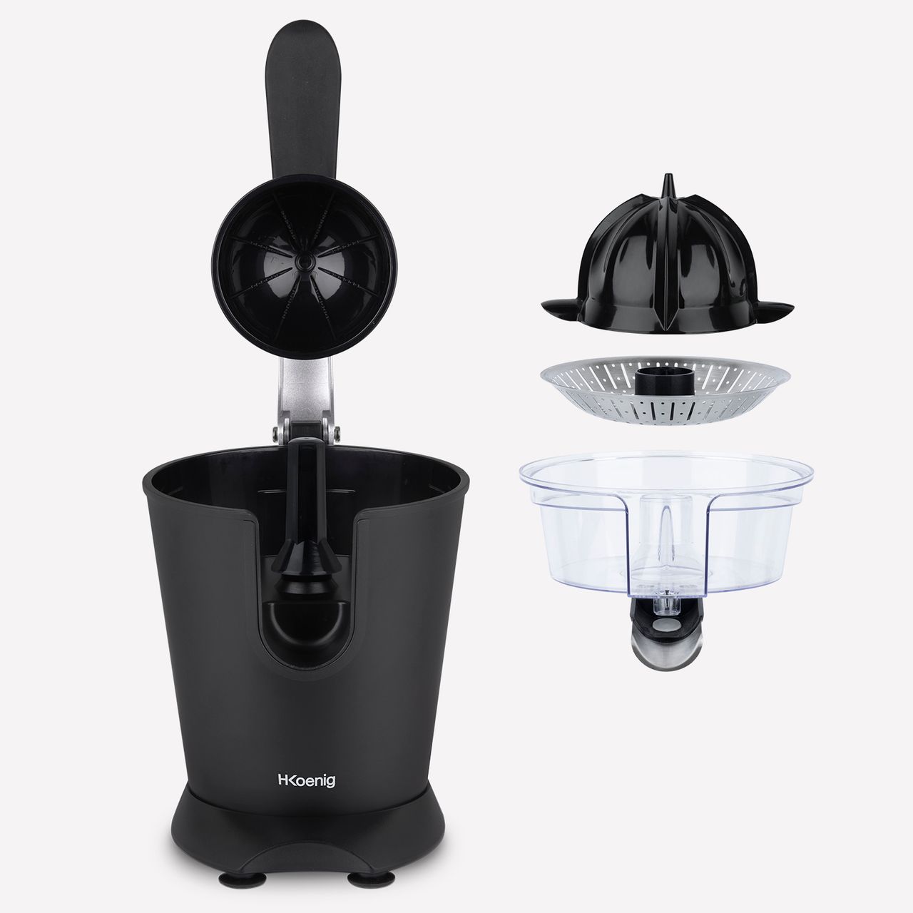 H.Koenig Elektrische Zitruspresse AGR82 Edelstahl Mattschwarz, BPA-frei, Orangen-, Zitronen-, Grapefruitsaft, Schnell, Automatisch, Leise, Tropffreier Trinkschnabel, Spülmaschinengeeignet, 160 W