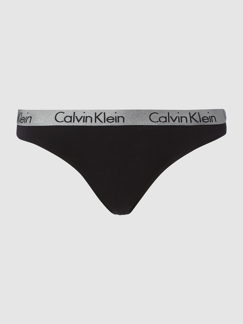String mit Logo-Bund in Metallicoptik in schwarz