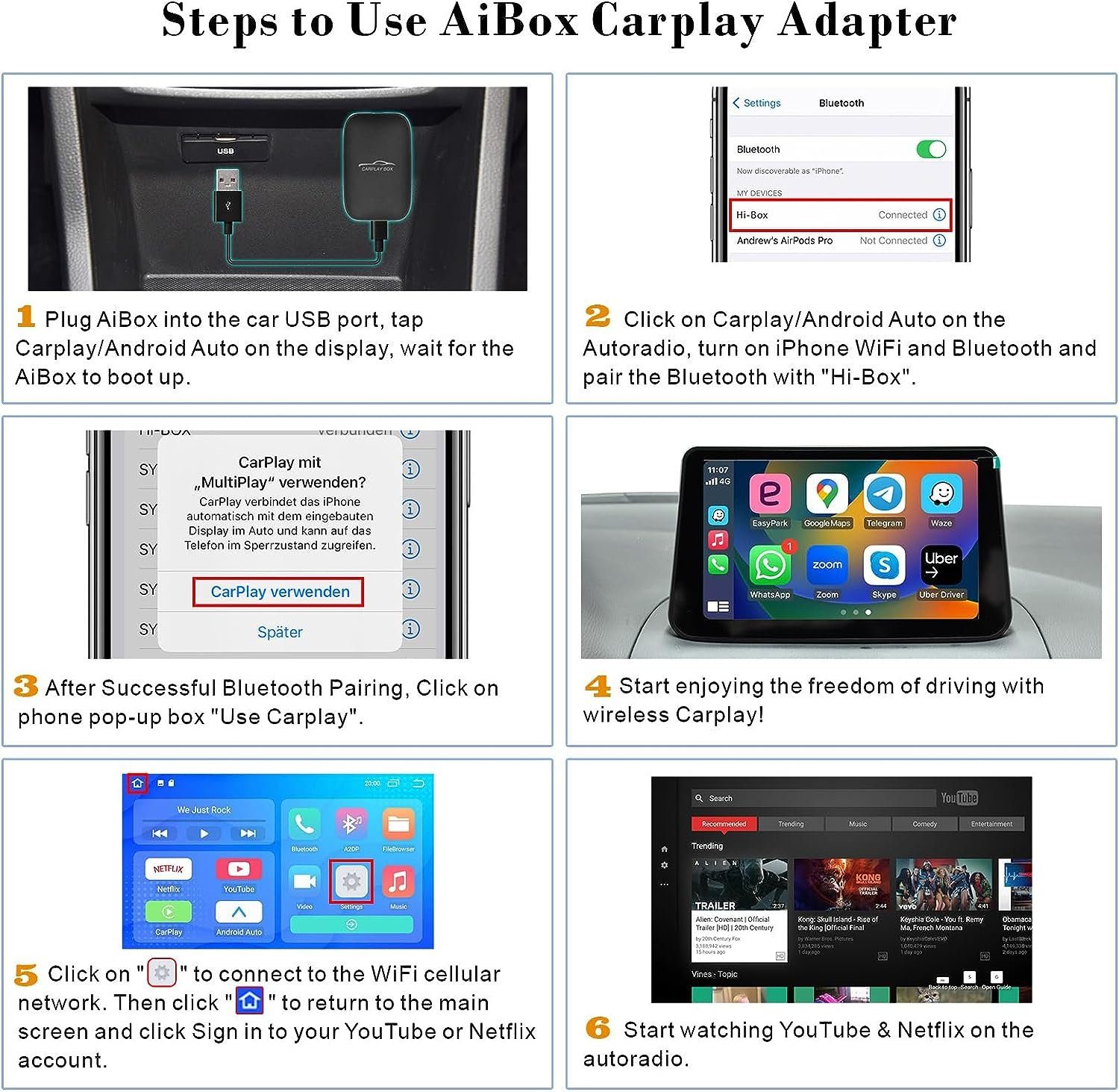 Hikeren Wireless Carplay Adapter Unterstützt Netflix YouTube,Plug & Play Multifunktionsspieler (Autospieler)