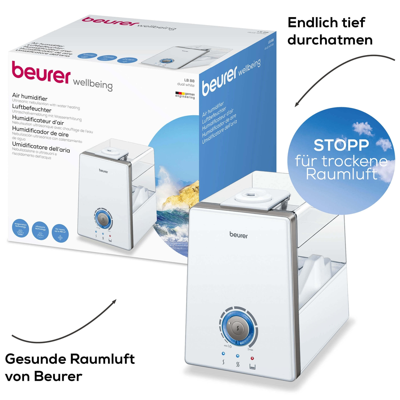 Beurer Luftbefeuchter LB 88 White-Luftbefeuchter mit zuschaltbarer 3 Stufen Wassererhitzung & Kalkpads bis 48 m²
