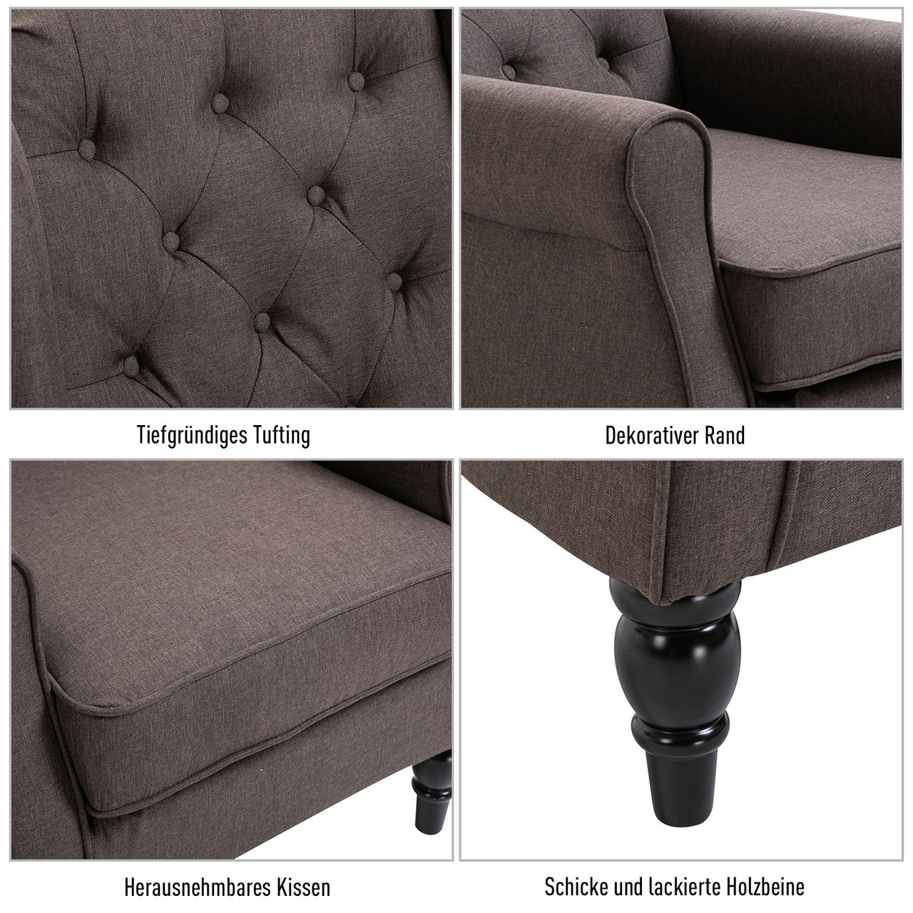 HOMCOM Einzelsessel Relaxsessel Einzelstuhl mit Tufting Holzfüße Polyester Braun 76 x 86 x 108 cm