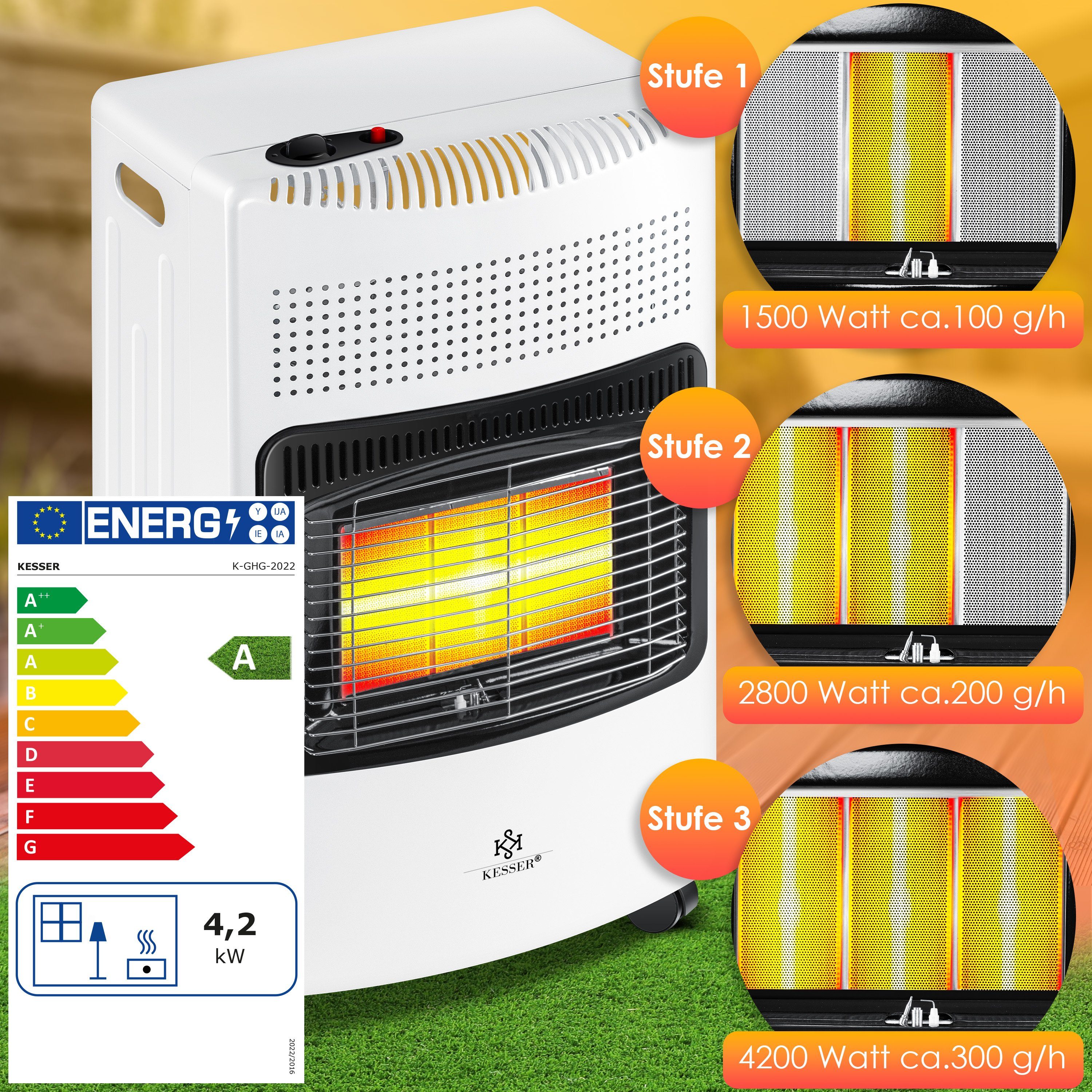 KESSER Wärmewelle, 4200 W, 4200W Keramik Gasheizer Heizstrahler inkl. Gasdruckregler Gasschlauch