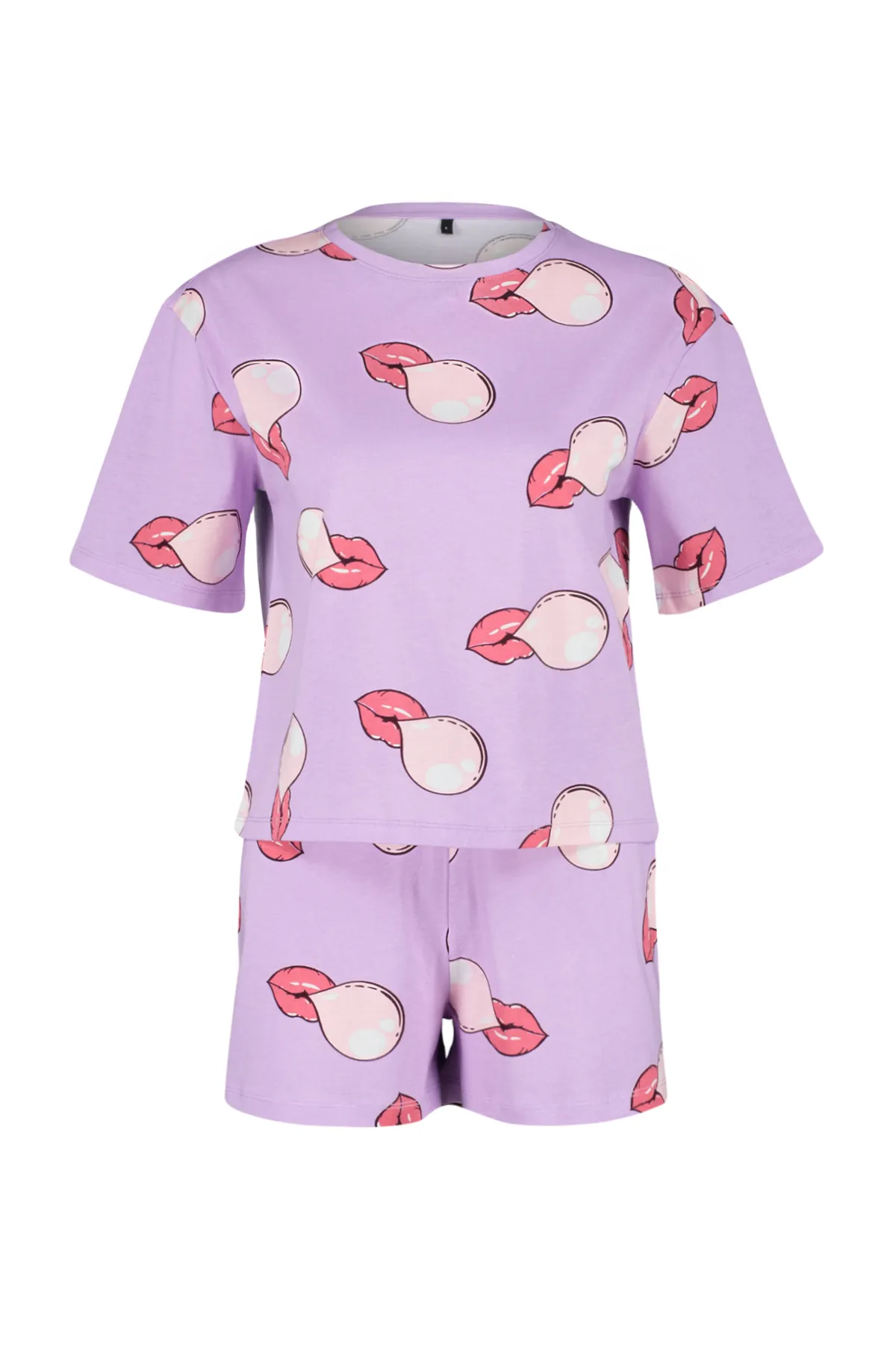 Trendyol Collection  Fliederfarbenes Strickpyjama-Set aus 100 % Baumwolle mit Lippenmuster THMSS24PT00040