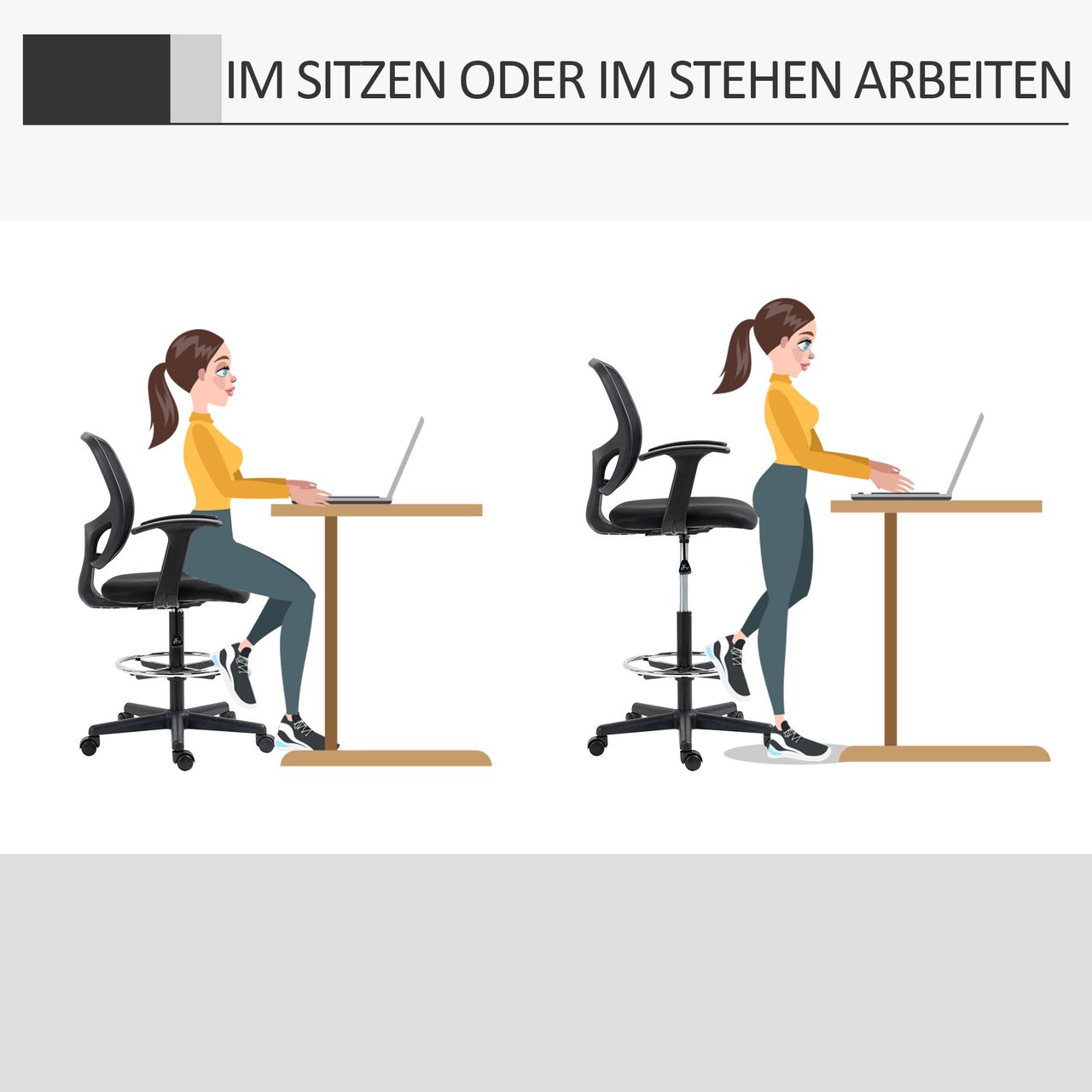 Vinsetto Arbeitsstuhl Mesh Bürostuhl Ergonomischer Schreibtischstuhl Zeichenstuhl mit verstellbarem Fußring Höhenverstellbare Drehstuhl mit Rollen für Arbeitszimmer Schwarz 60 x 56 x 110-132 cm