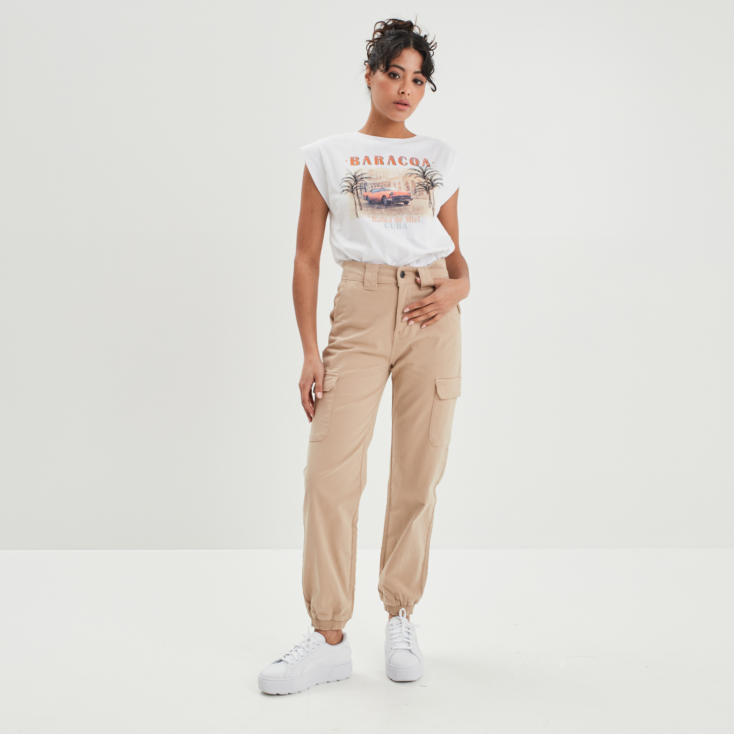 Pantalon cargo taille haute sable femme | La Halle