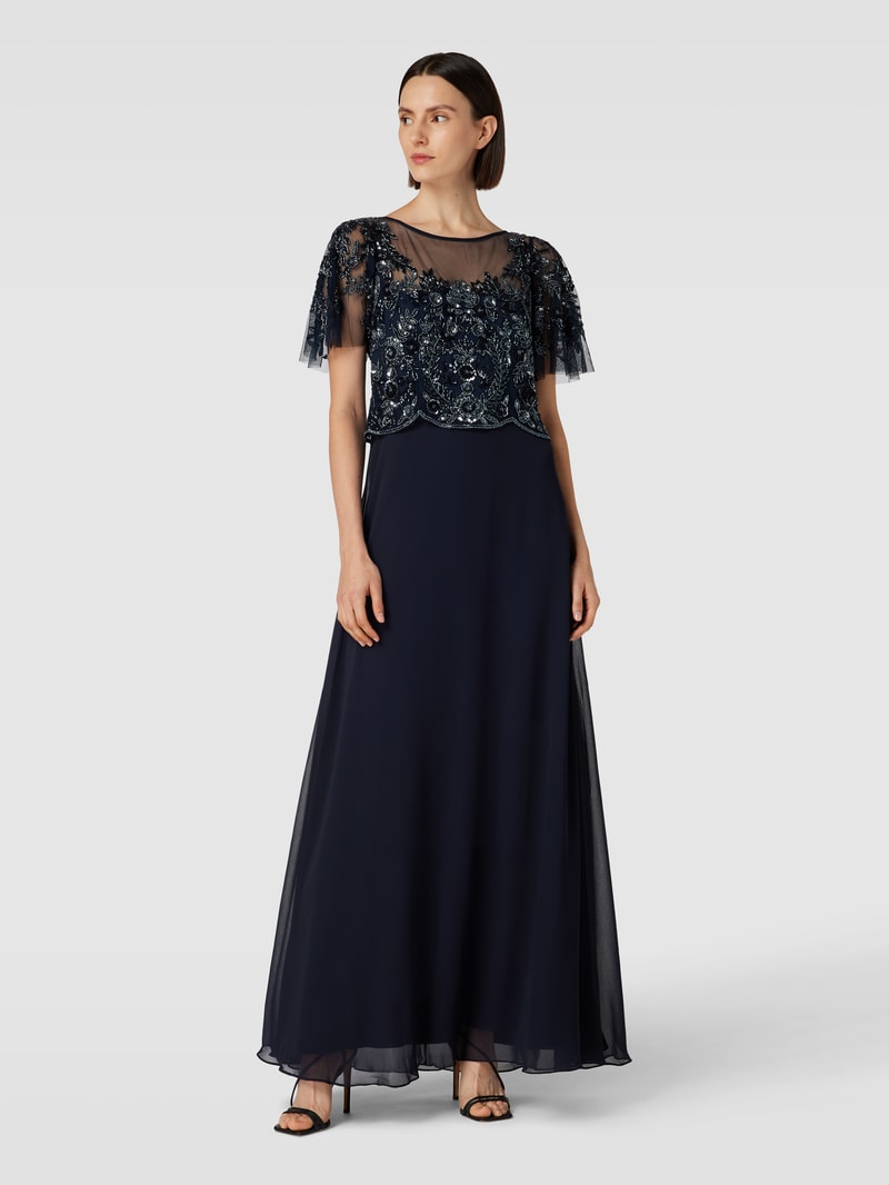 Abendkleid mit floraler Stickerei in dunkelblau