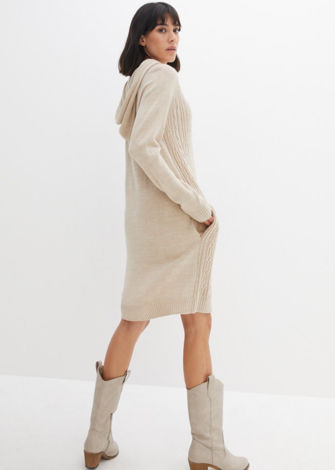 Kapuzen-Strickkleid mit Zopfmuster