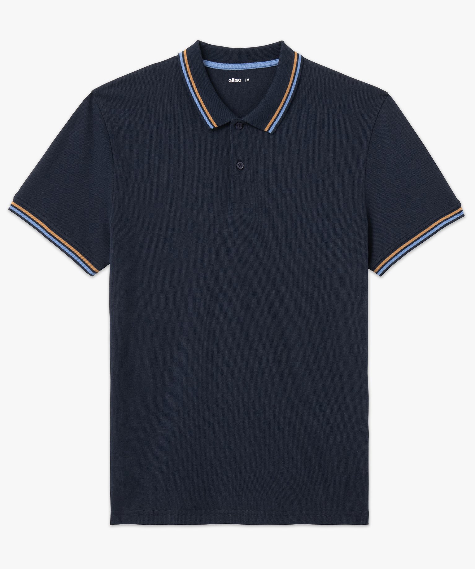 Polo homme en maille piquée avec finition rayée bleu fonce | GEMO