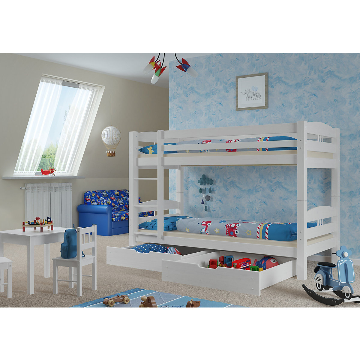 Stockbett 90x200 Kiefer weiß mit Rollrost und Bettkasten