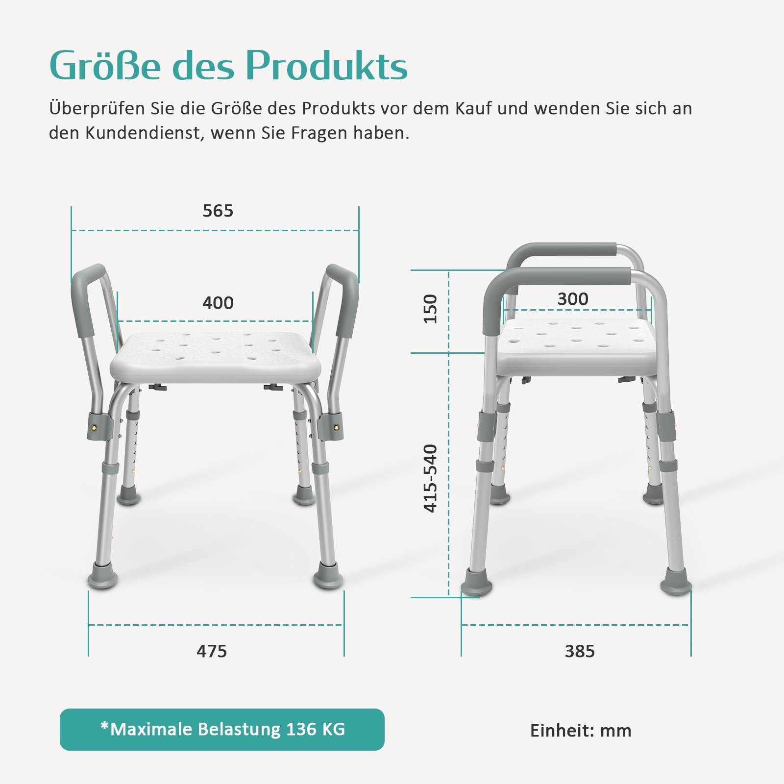 EMKE Duschhocker Badhocker mit Armlehnen Sitzfläche mit Sicherheitsgriffen, Höhenverstellbar Anti-Rutsch-Gummifüße Belastbar bis 136 kg