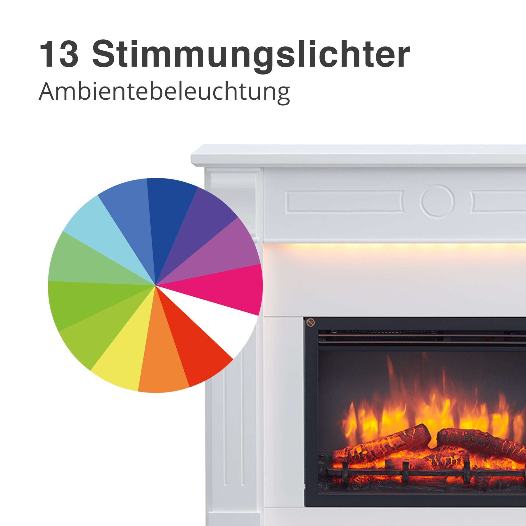 RICHEN Elektrokamin Hikaru, Standkamin mit Heizung 2000W, 3D-Flammeneffekt, LED, App-Steuerung, Fernbedienung, Timer