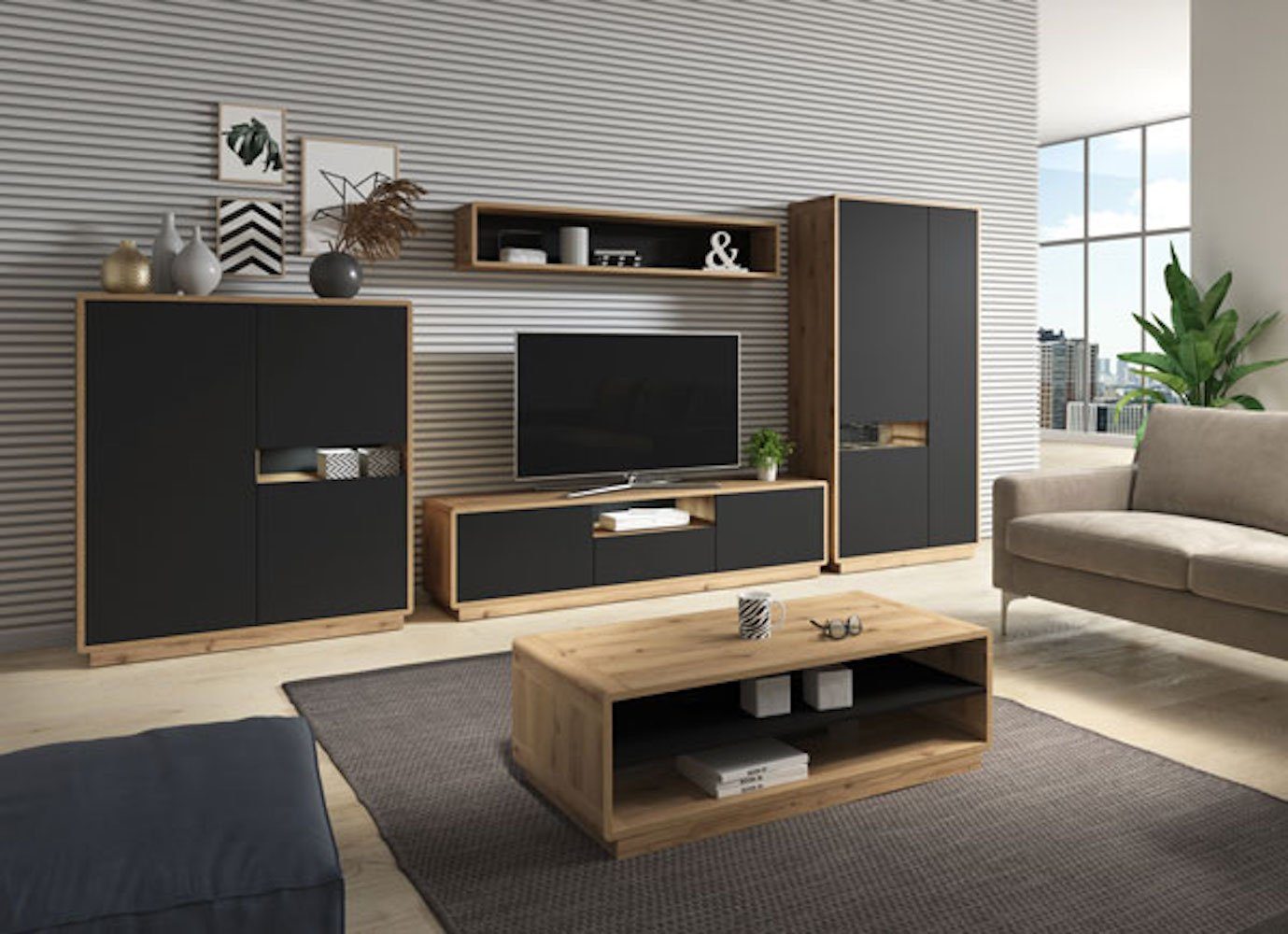 Helvetia Stauraumschrank Aston 92cm Taurus Eiche schwarz 3-türig