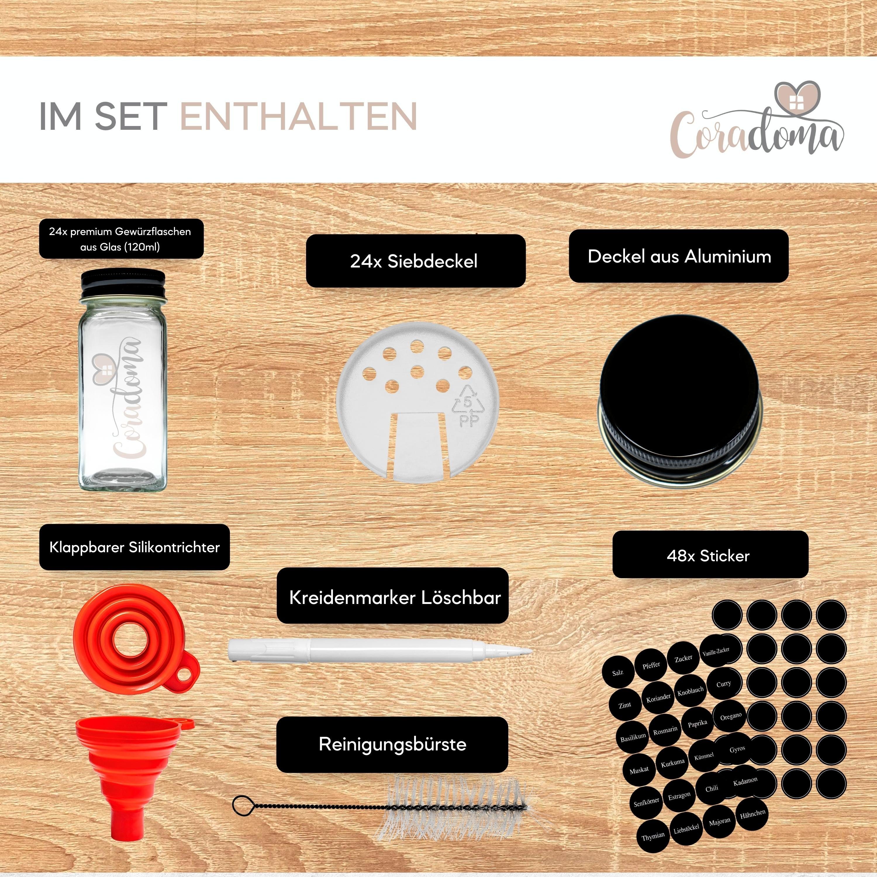 Coradoma Gewürzbehälter Gewürzgläser Set Eckig inkl. Etiketten - Glasbehälter Vorratsdosen, Glas, (24-tlg), mit Reinigungsbürste, Trichter zum Befüllen, Gewürzetiketten