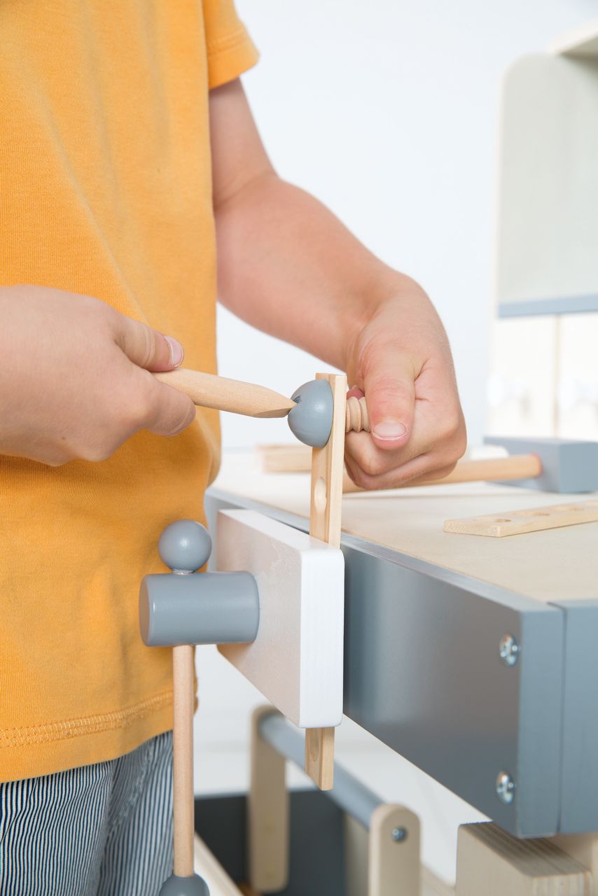Roba Werkbank, Holzwerkbank, Werkzeug-Set, große Arbeitsplatte, Ablage, 3 Schubfächer, mitwachsend