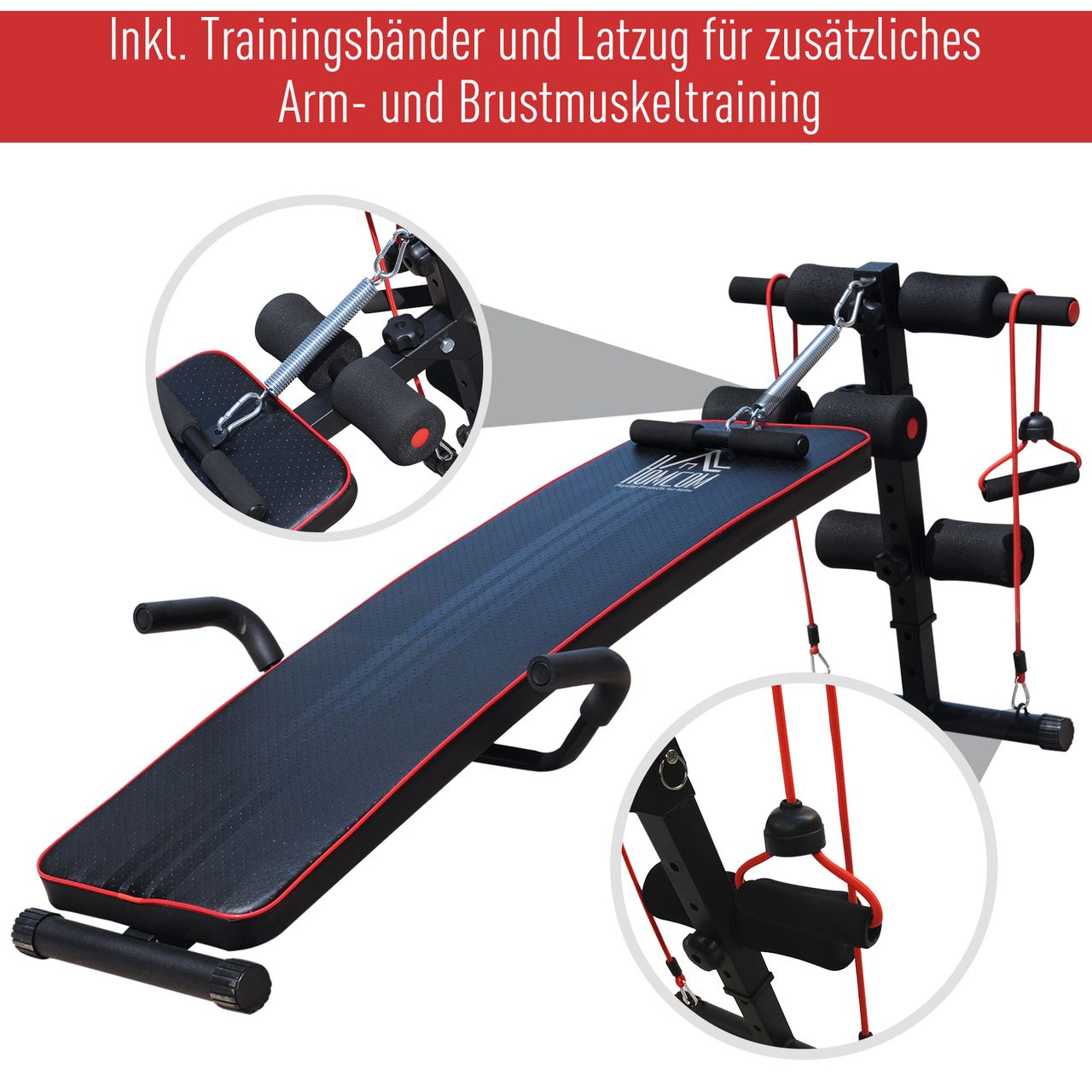 HOMCOM Sit Up Bank Bauchtrainer Trainingsbank Fitnessbank inkl. Widerstandsbände Schwarz   Rot 55,5 x 137,5 x (50–68) cm 120 kg Belastbarkeit