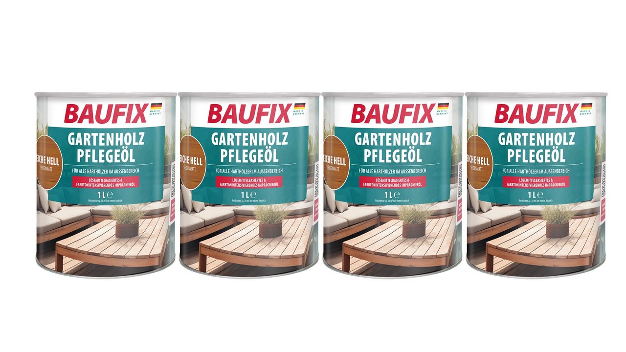 Baufix Gartenholz-Pflegeöl eiche hell, seidenmatt, 1 Liter 4er-Set